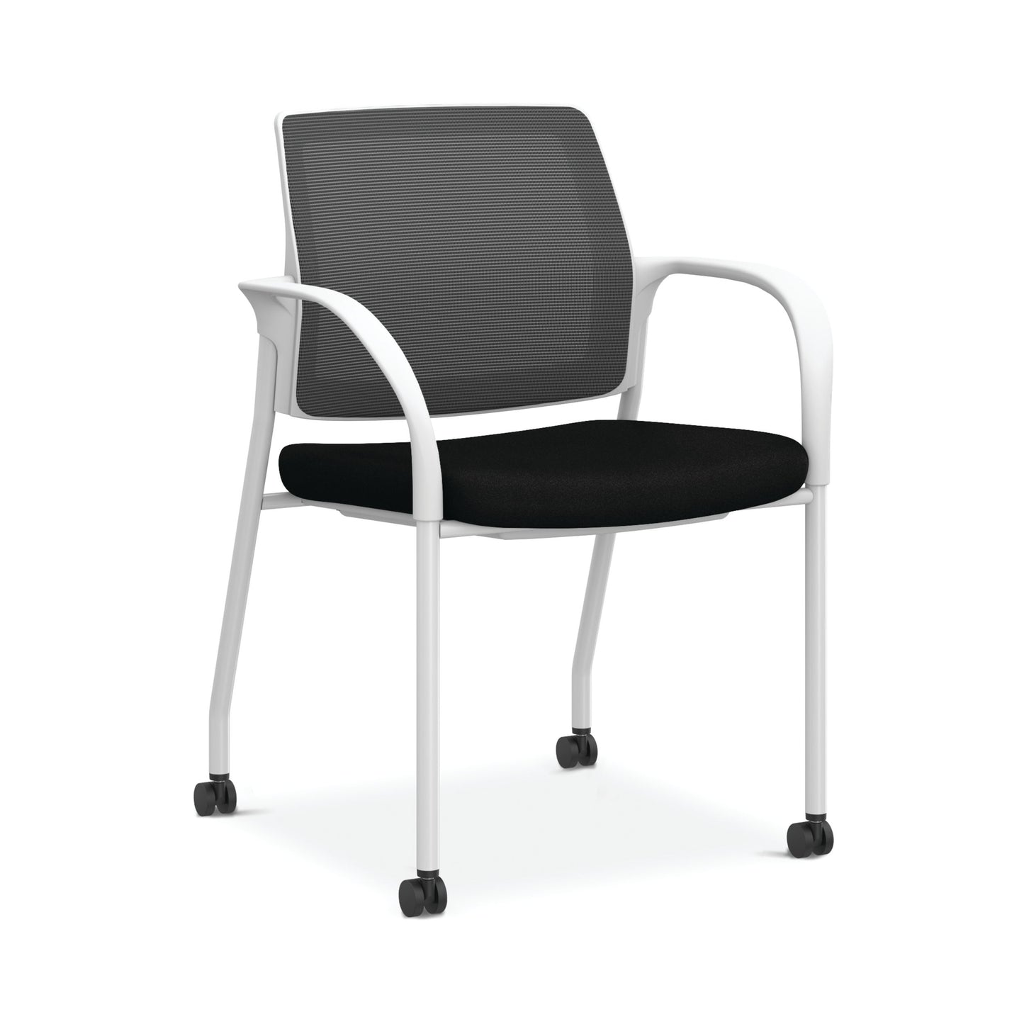 HON Ignition Multi-Purpose Stacking Chair | 4-Leg | Fixed Arms | Casters | Black 4-way stretch Mesh Back | Black Seat Fabric | Textured Designer White Frame