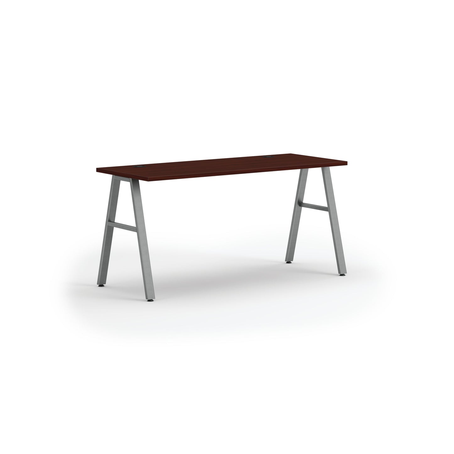 HON Mod Desk | 60"W x 24"D | Silver A-Leg Base | Traditional Mahogany Laminate