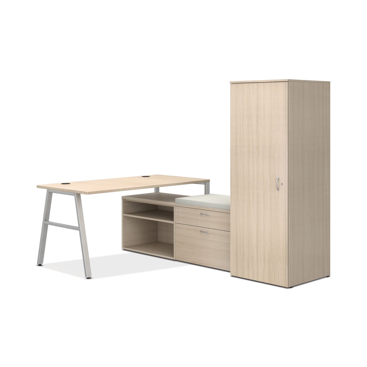HON Mod small office | 84"W x 60"D | 2 Storage Credenzas | Wardrobe | Silver A-Legs | Cool Neutral Credenza Cushion | Desert Oak Laminate