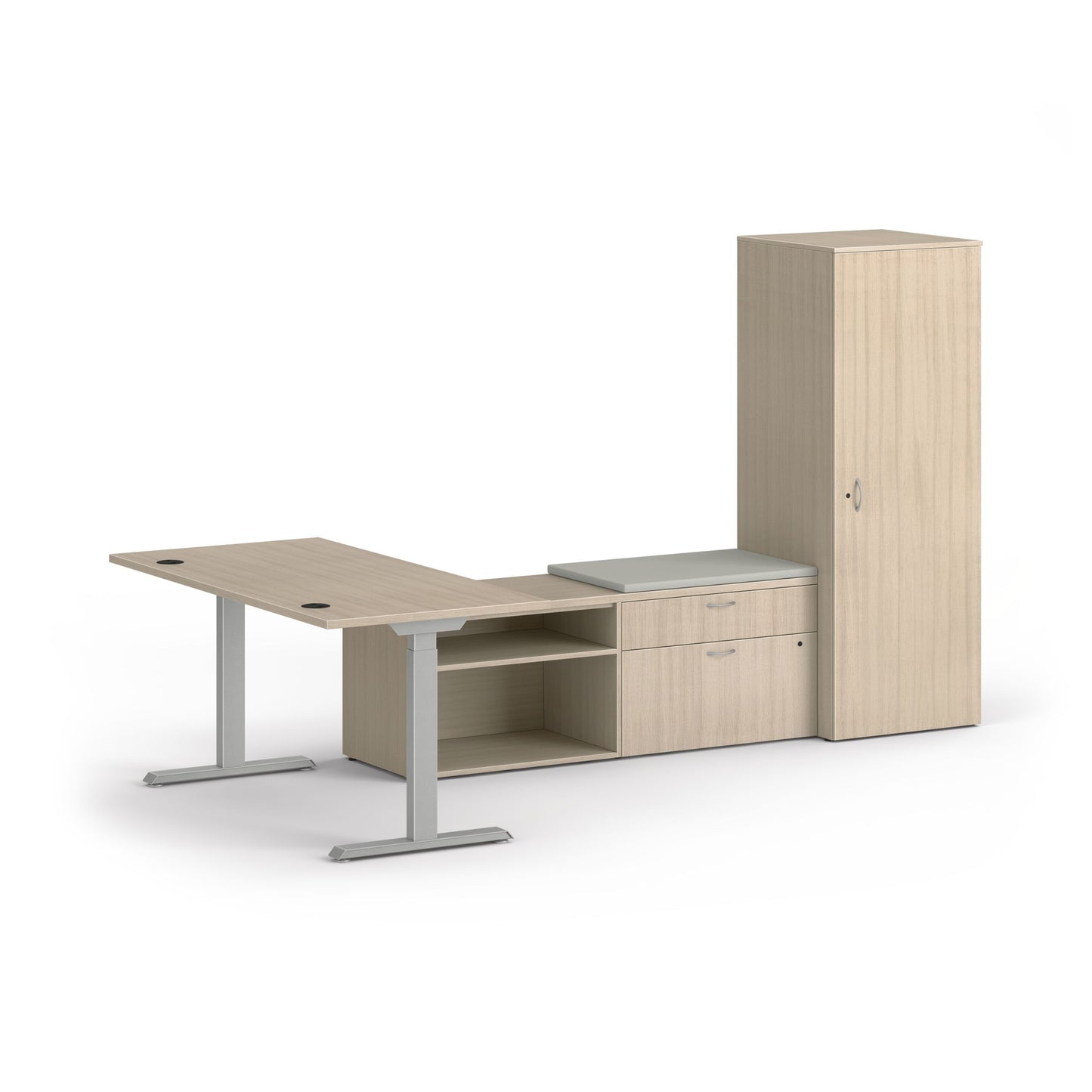 HON Mod Height-Adjustable L-Station with Storage | Desert Oak Laminate | Cool Neutral Fabric | Silver Base