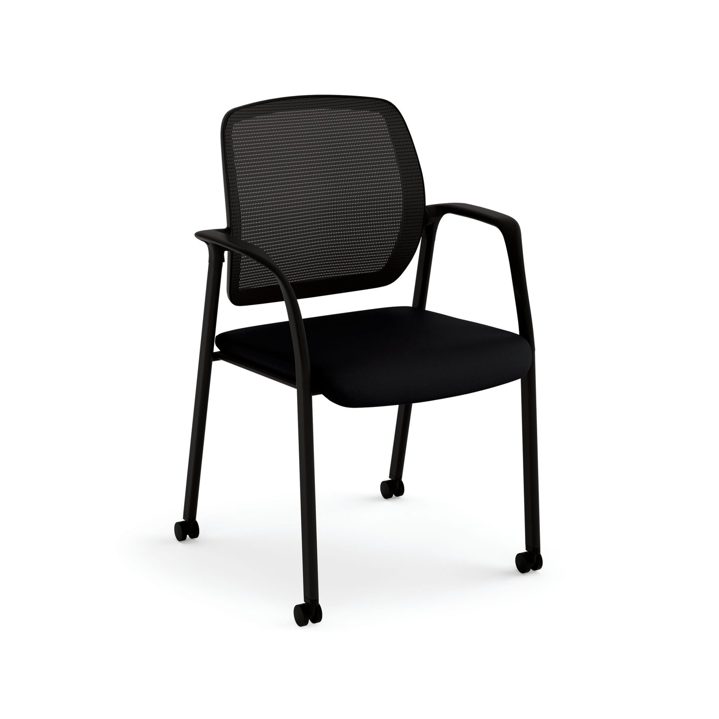 HON Nucleus Guest Chair | Fixed Arms | Casters | Black Mesh Back | Black Frame | Black Fabric