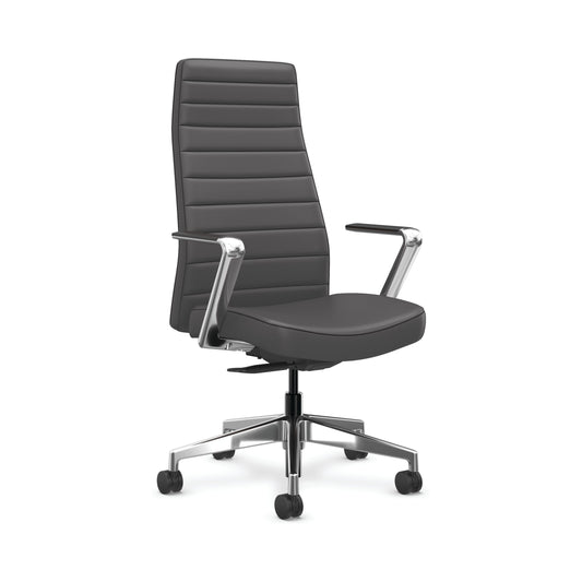 HON Cofi Executive Chair | Weigh-Activated Tilt | Fixed Polished Aluminum Arms and Base | Graphite Fabric with Black Channel Stitching