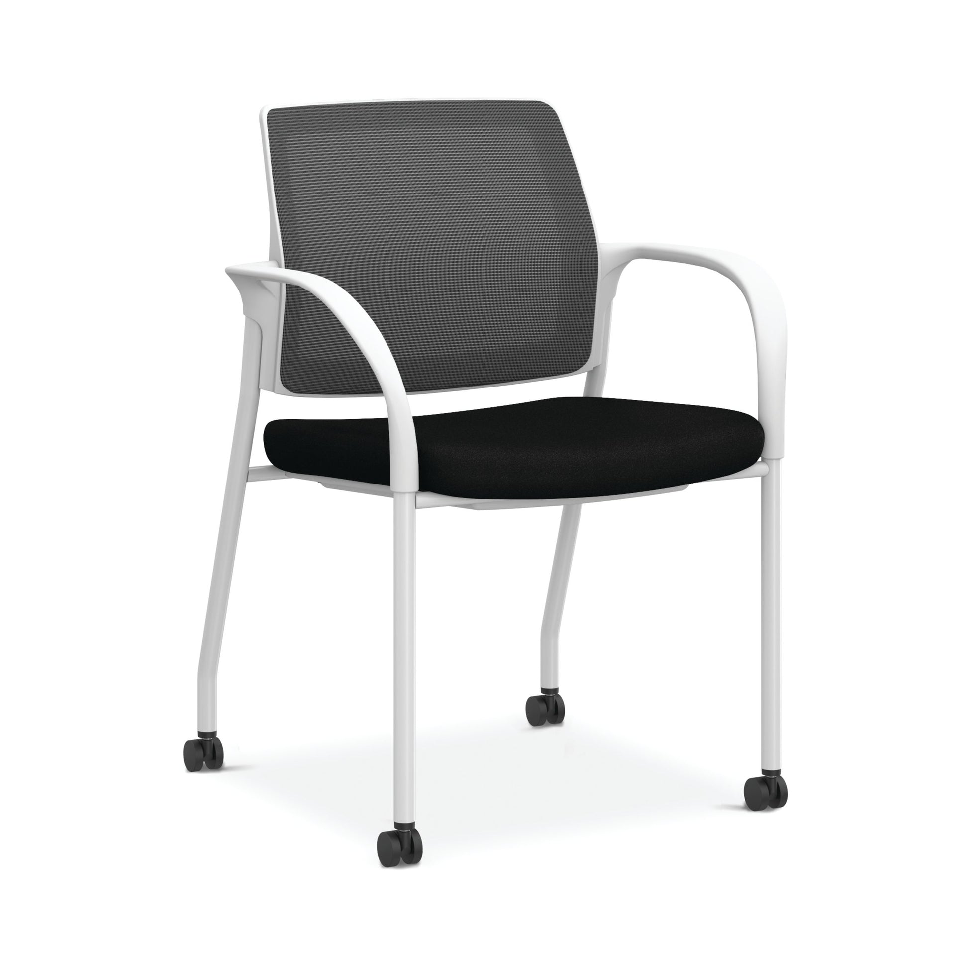 HON Ignition Multi-Purpose Stacking Chair | 4-Leg | Fixed Arms | Casters | Black 4-way stretch Mesh Back | Black Seat Fabric | Textured Designer White Frame