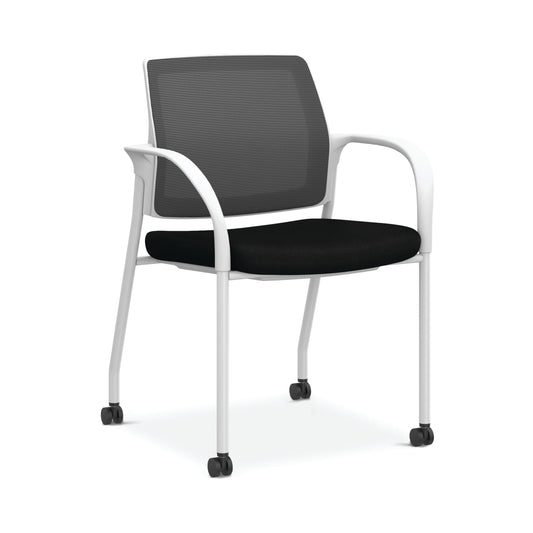 HON Ignition Multi-Purpose Stacking Chair | 4-Leg | Fixed Arms | Casters | Black 4-way stretch Mesh Back | Black Seat Fabric | Textured Designer White Frame