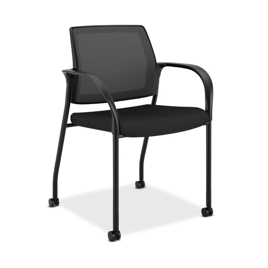 HON Ignition Multi-Purpose Stacking Chair | 4-Leg | Fixed Arms | Casters | Black 4-way stretch Mesh Back | Black Seat Fabric | Black Frame