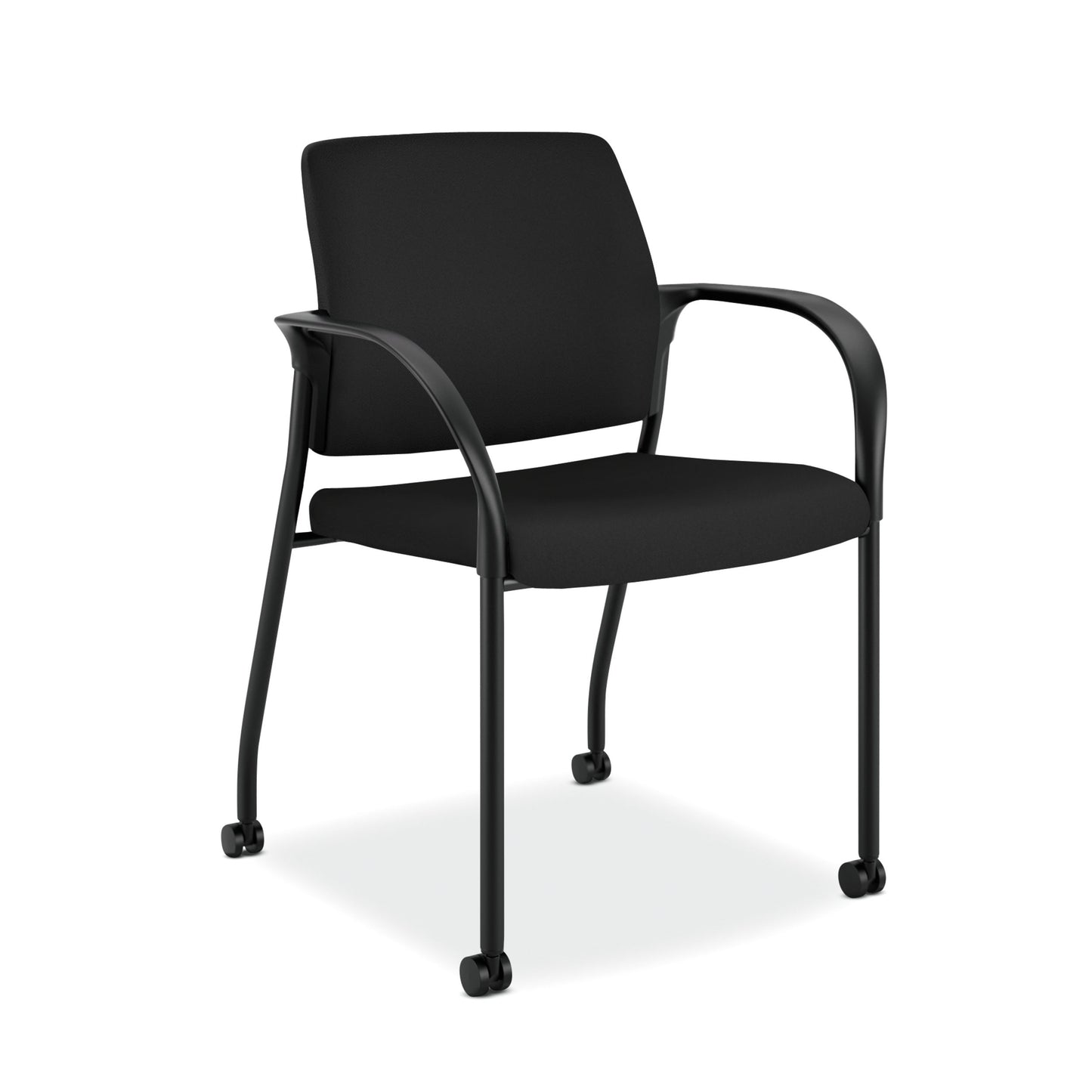 HON Ignition Multi-Purpose Stacking Chair | 4-Leg | Fixed Arms | Casters | Upholstered Back | Black Fabric | Black Frame