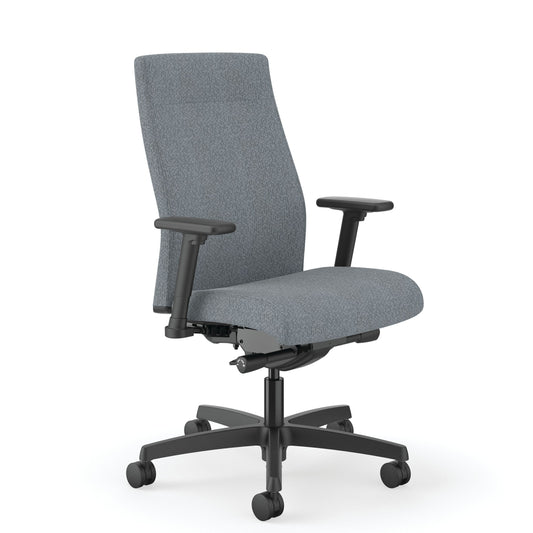 HON Ignition Mid-Back Task Chair | Upholstered Back | Easy Assembly | Advanced Synchro-Tilt Control | Height- and Width-Adjustable Arms | Basalt fabric | Black Frame