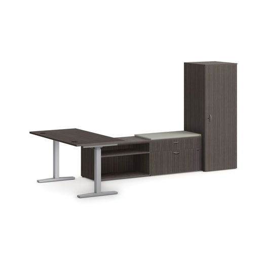 HON Mod Height-Adjustable L-Station with Storage | Slate Teak Laminate | Cool Neutral Fabric | Silver Base