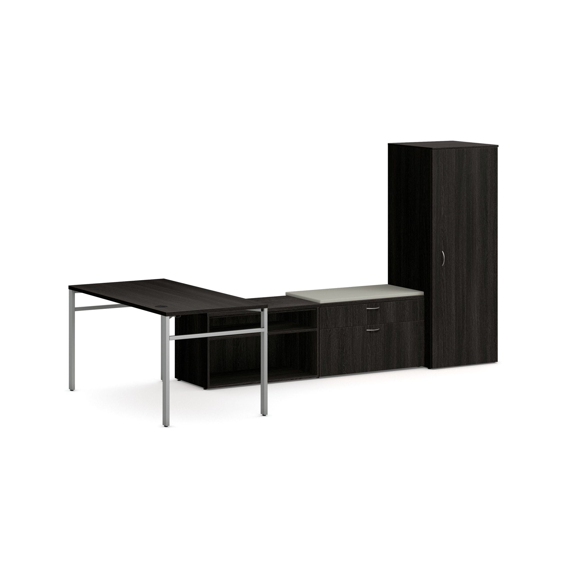 HON Mod L-Station with Storage | Java Oak Laminate | Cool Neutral Fabric | Silver U-Leg