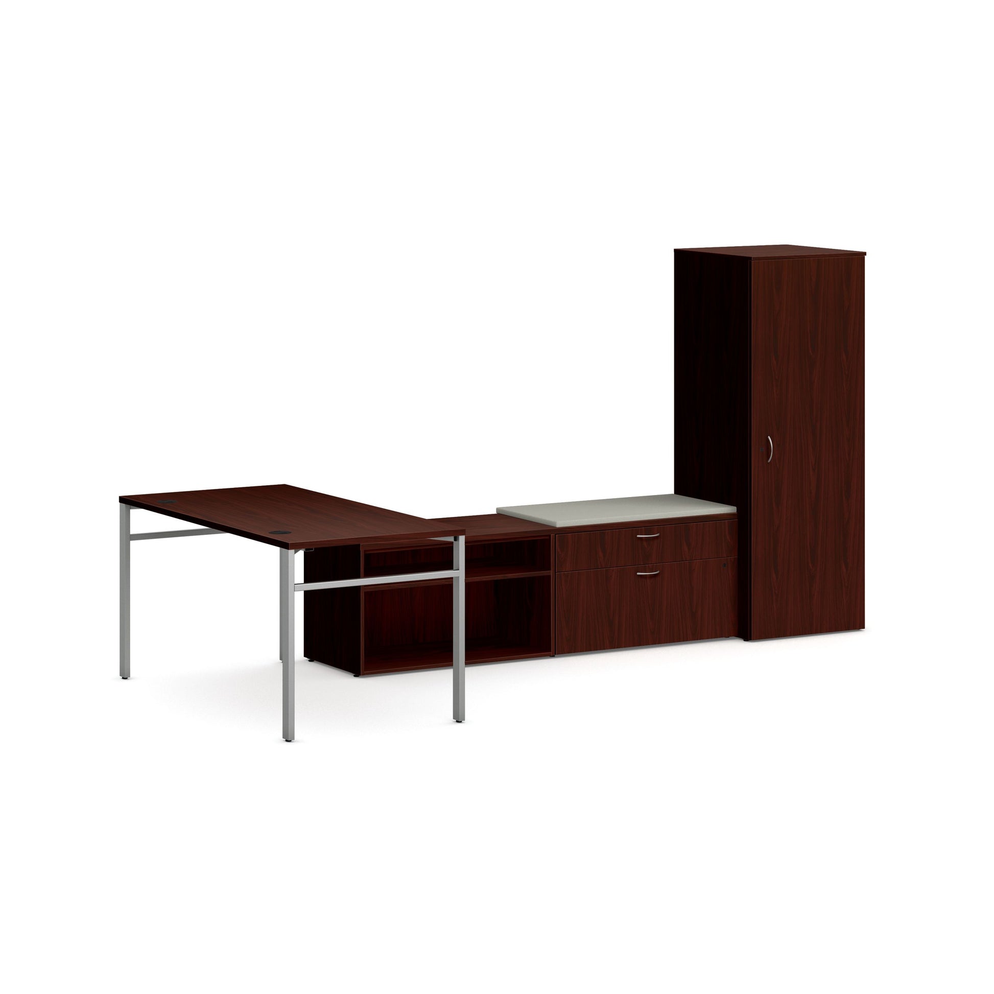 HON Mod L-Station with Storage | Traditional Mahogany Laminate | Cool Neutral Fabric | Silver U-Leg