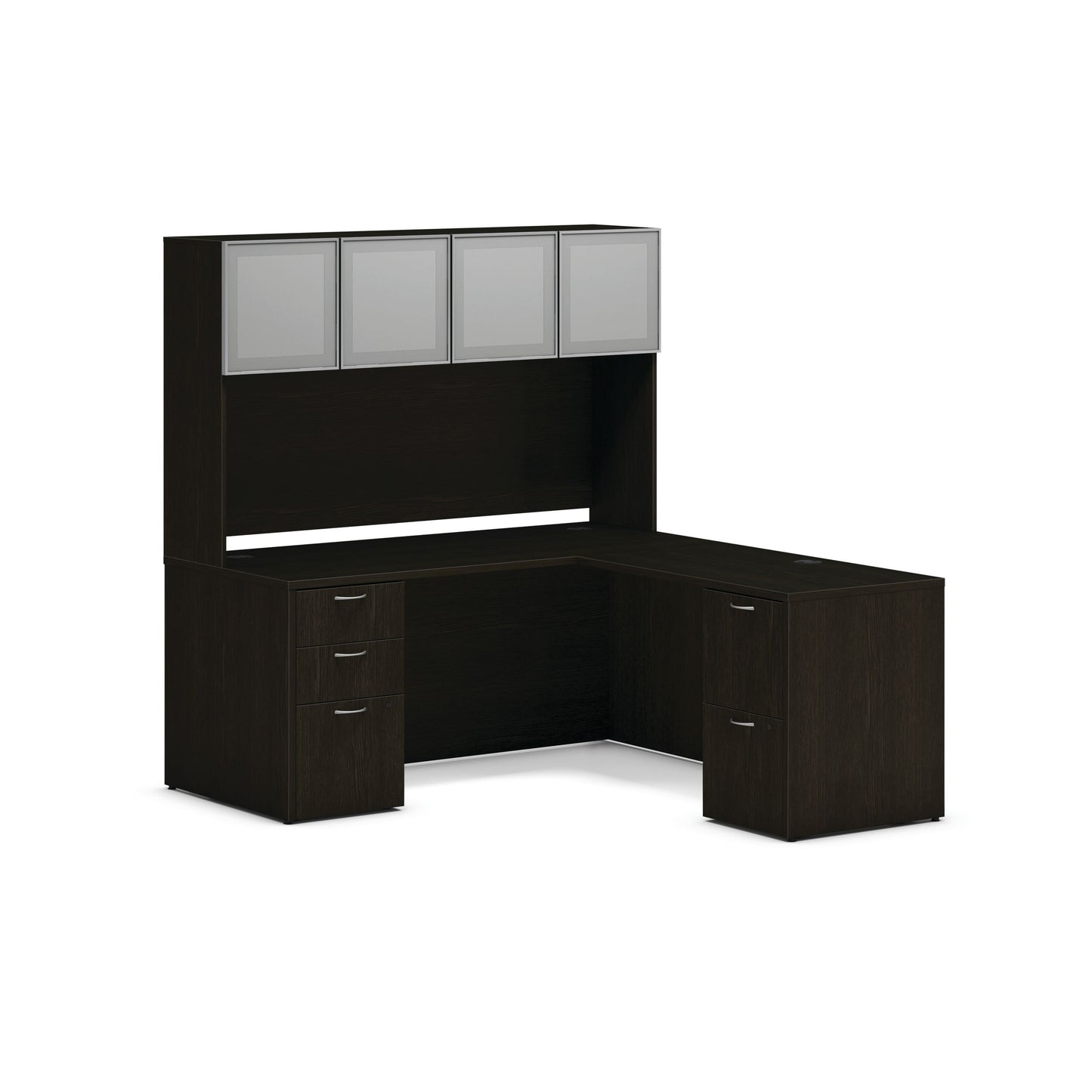 HON Mod L-Station with Storage Hutch | 66"W x 72"D | 2 Support Pedestals | Java Oak Laminate
