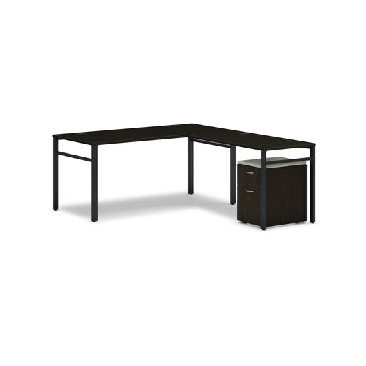 HON Mod L-Station | 66"W x 78"D | Black U-Legs | Mobile Pedestal with Cool Neutral Cushion | Java Oak Laminate