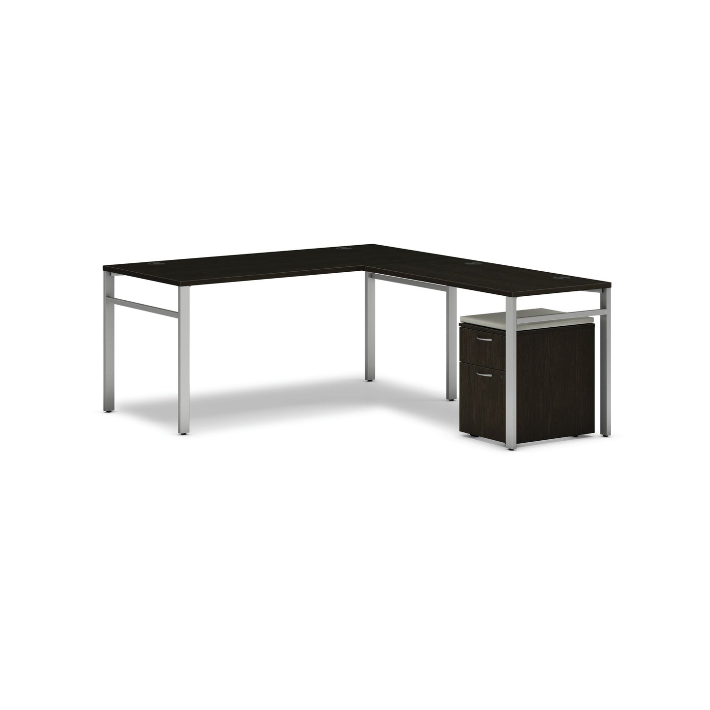 HON Mod L-Station | 66"W x 78"D | Silver U-Legs | Mobile Pedestal with Cool Neutral Cushion | Java Oak Laminate