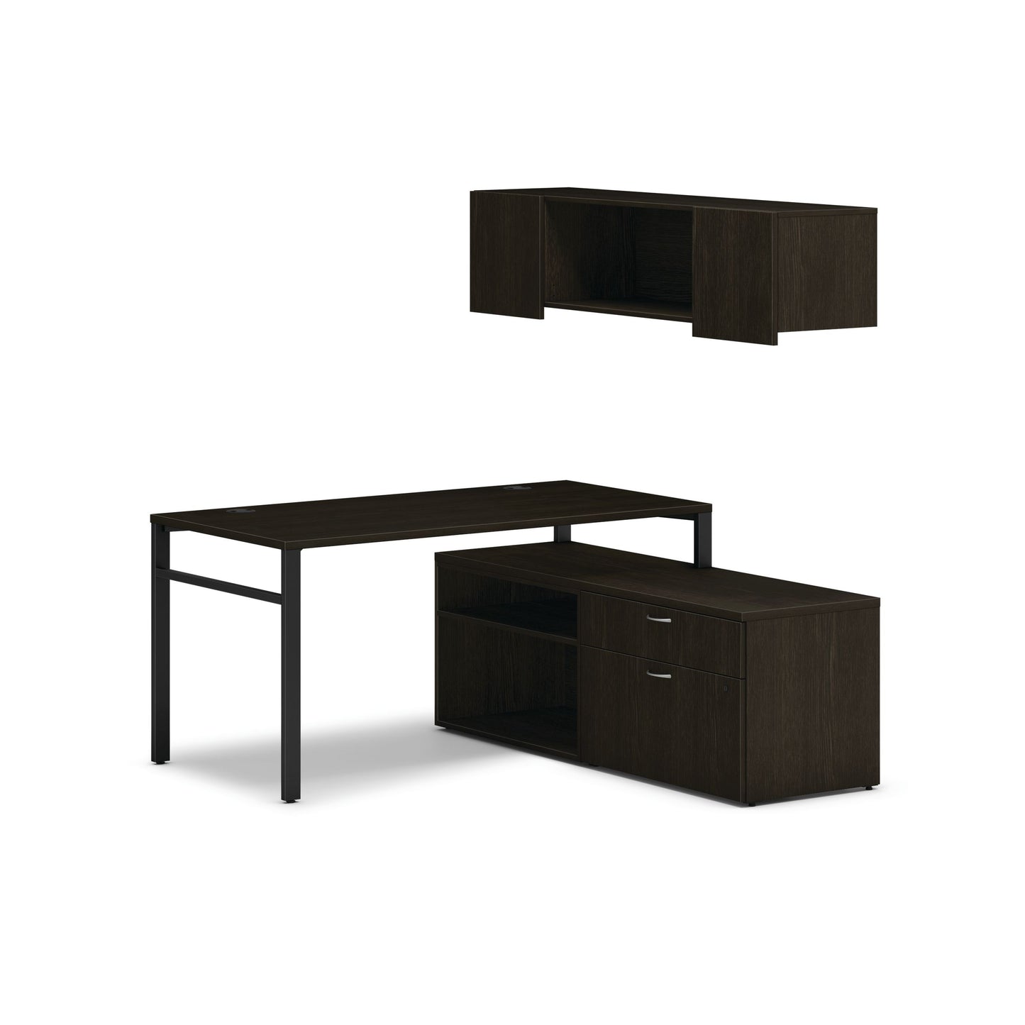 HON Mod Workstation with Wall Mount Storage | 60"W x 60"D | Black U-Legs | 2 Storage Credenzas | Java Oak Laminate