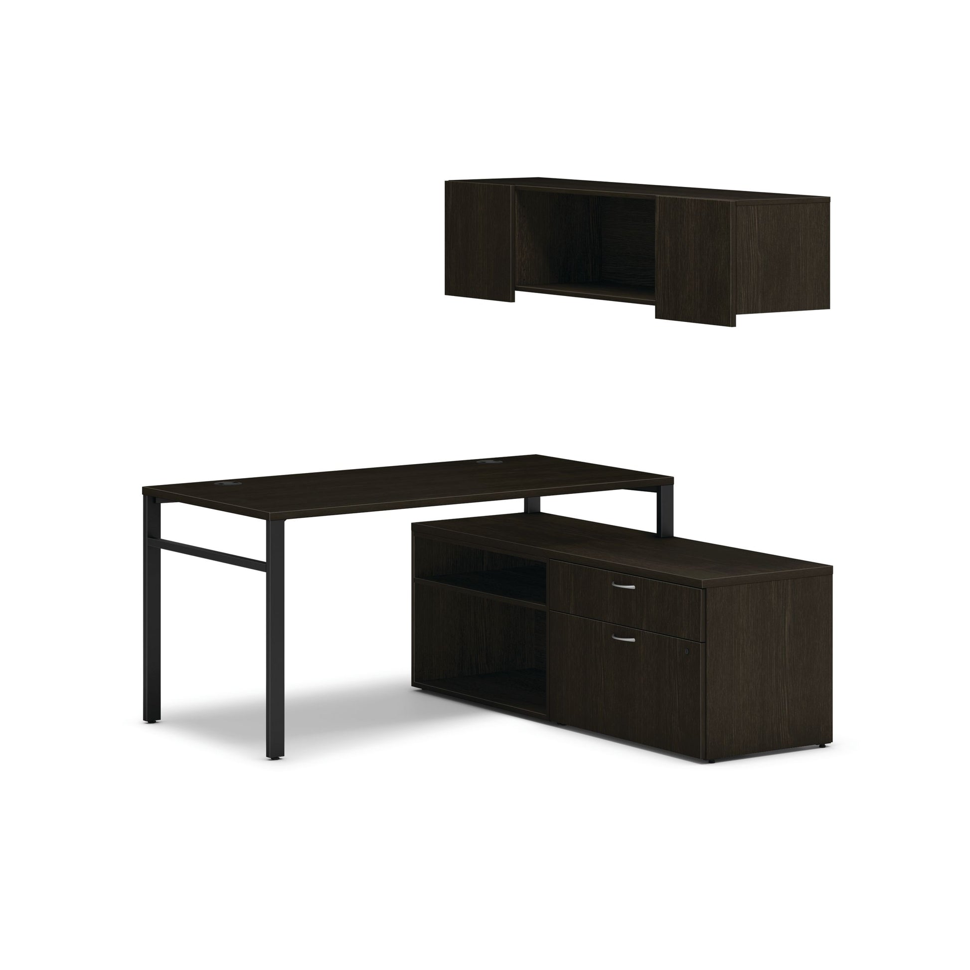 HON Mod Workstation with Wall Mount Storage | 60"W x 60"D | Black U-Legs | 2 Storage Credenzas | Java Oak Laminate
