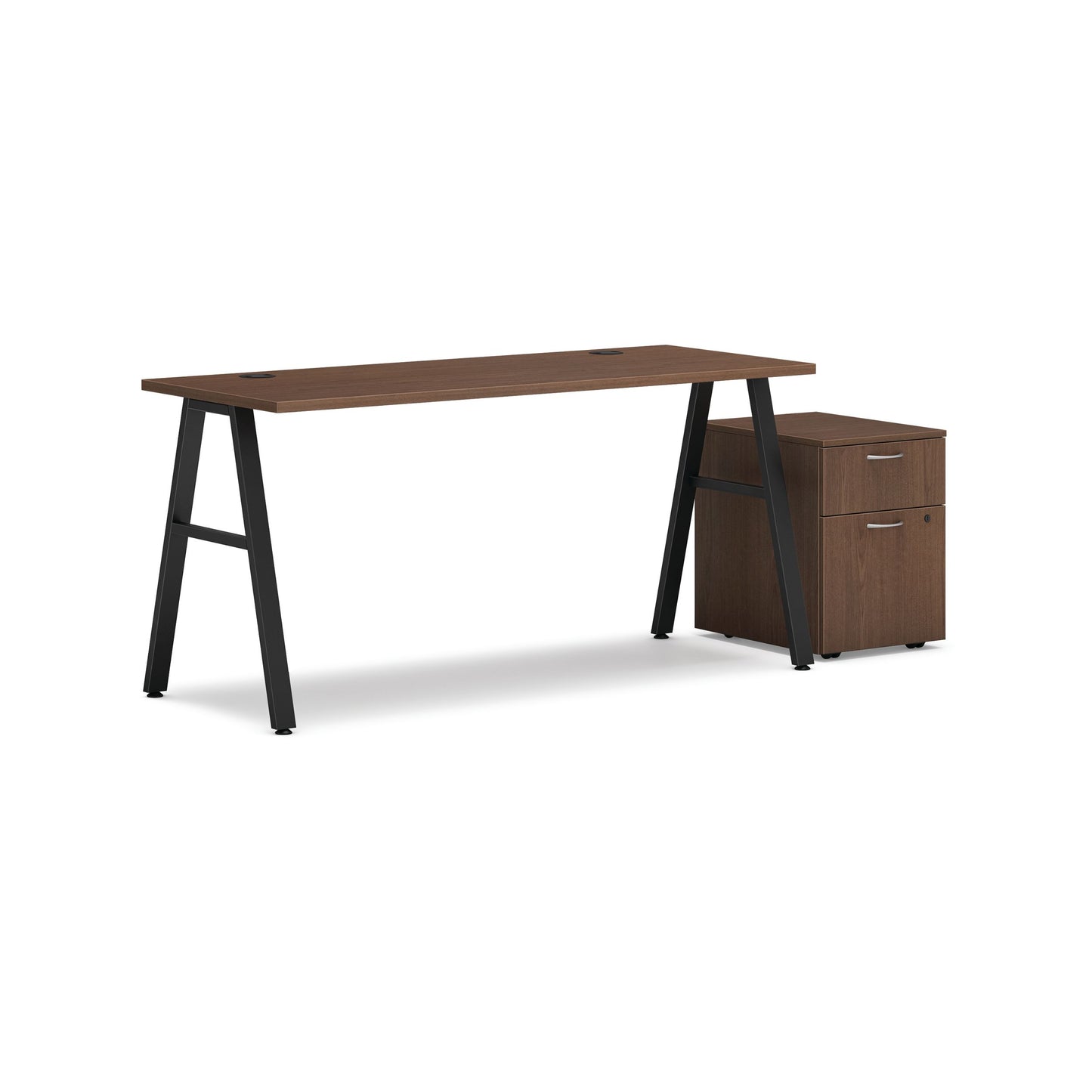 HON Mod Desk with Storage | 1 Box Drawer / 1 File Drawer | 60"W x 24"D | Black A-Leg Base | Sepia Walnut Laminate