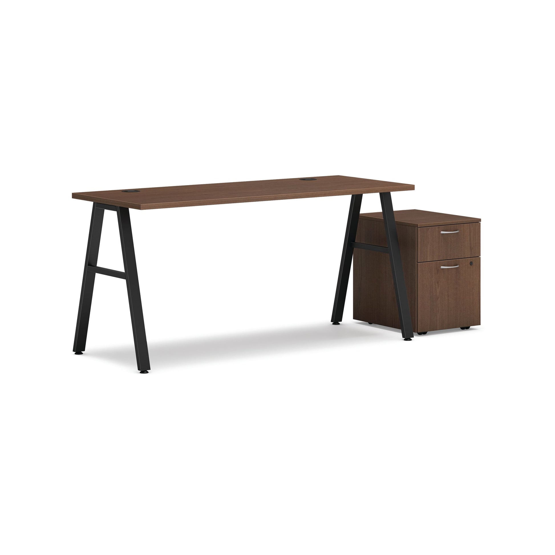 HON Mod Desk with Storage | 1 Box Drawer / 1 File Drawer | 60"W x 24"D | Black A-Leg Base | Sepia Walnut Laminate