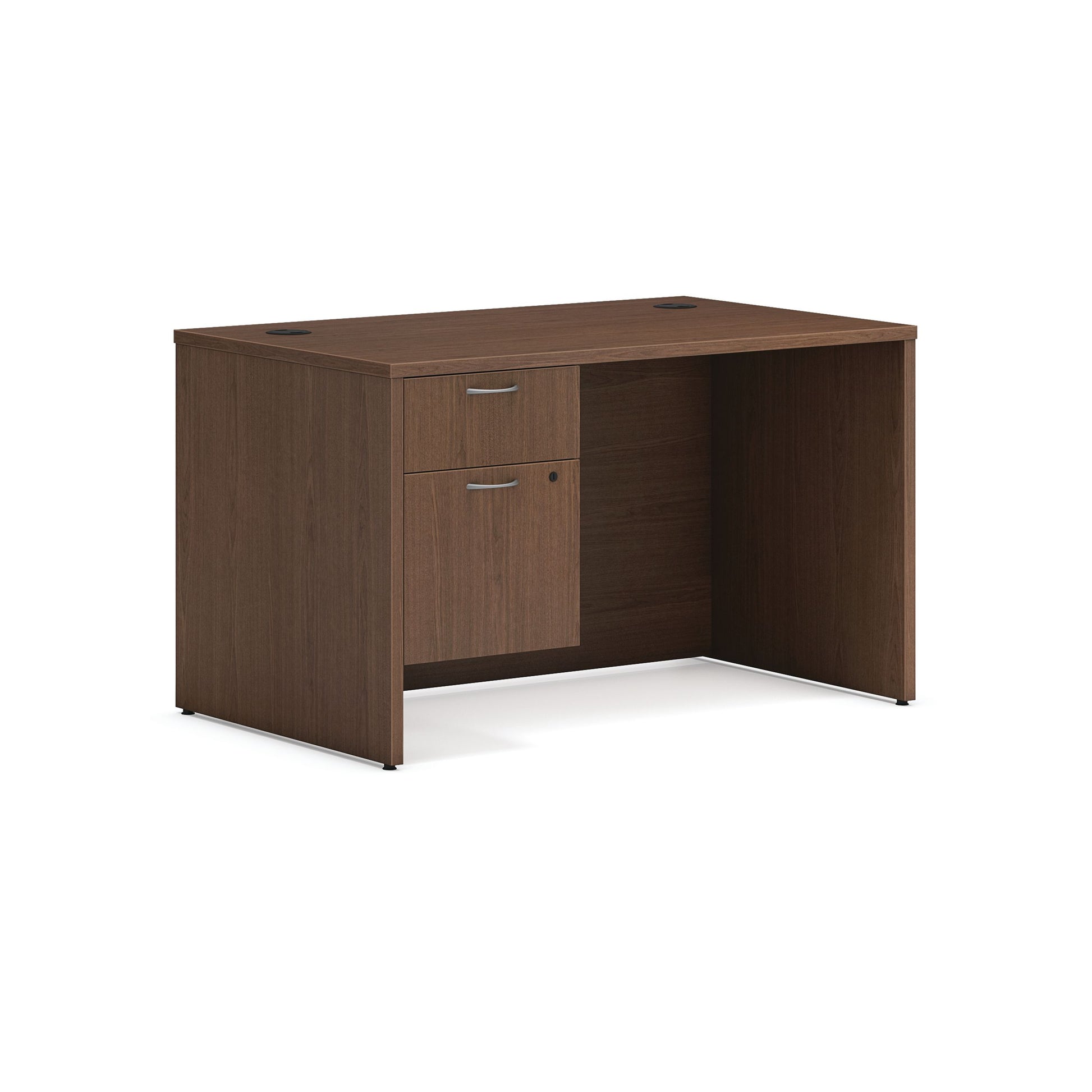 HON Mod Desk | 48"W x 30"D | Hanging Storage Pedestal | 1 Box / 1 File Drawer | Sepia Walnut Laminate