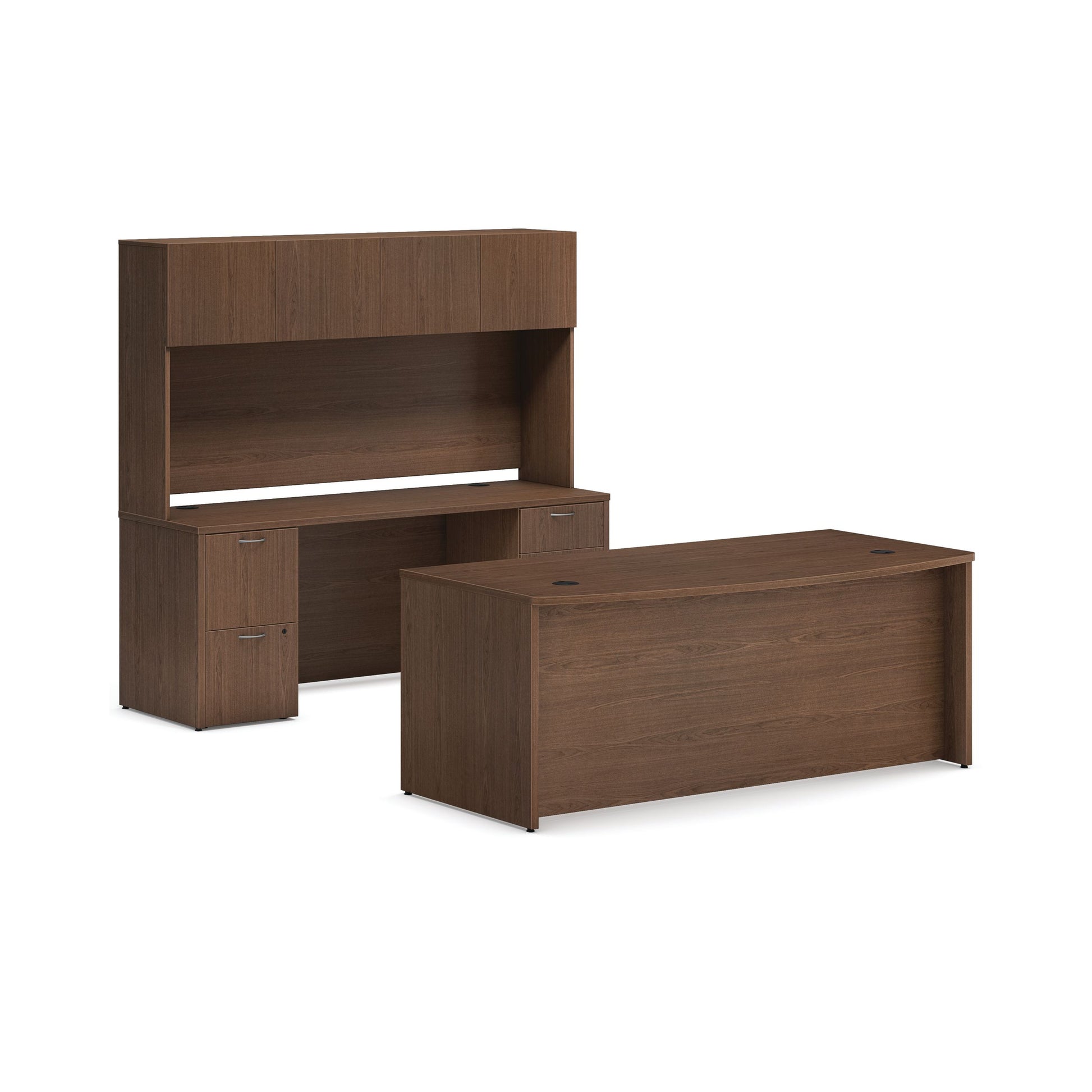 HON Mod Office Suite with Hutch | 72"W x 96"D | 2 Support Pedestals | 2 Box / 3 File Drawers | Sepia Walnut Laminate