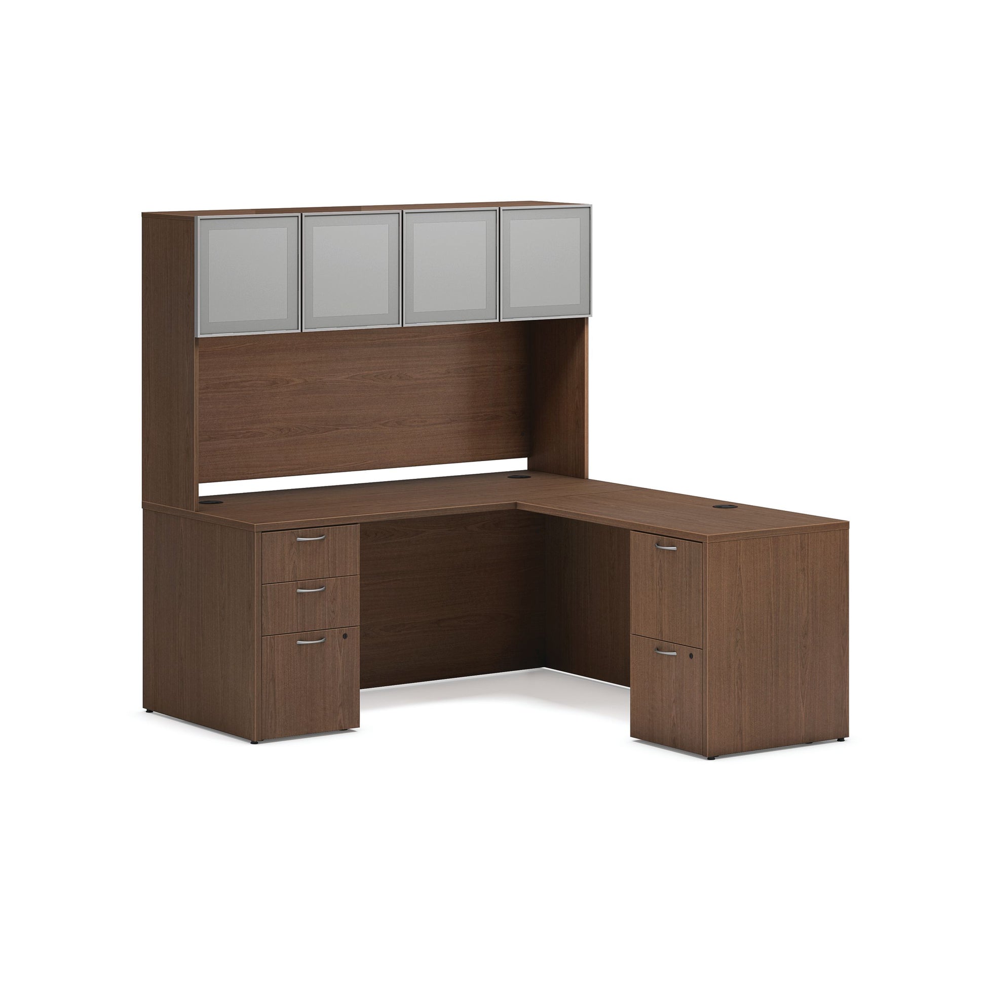 HON Mod L-Station with Storage Hutch | 66"W x 72"D | 2 Support Pedestals | Sepia Walnut Laminate