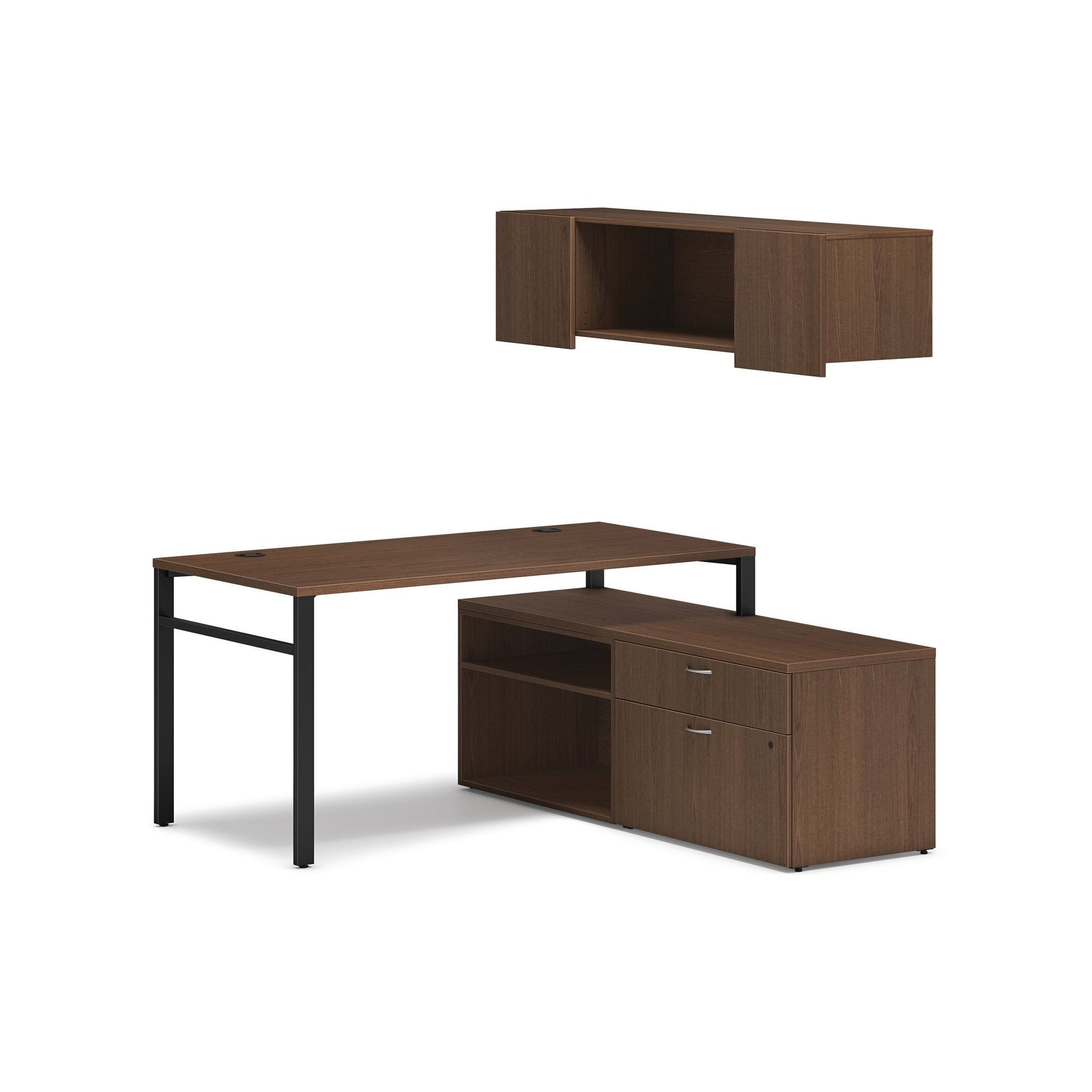 HON Mod Workstation with Wall Mount Storage | 60"W x 60"D | Black U-Legs | 2 Storage Credenzas | Sepia Walnut Laminate