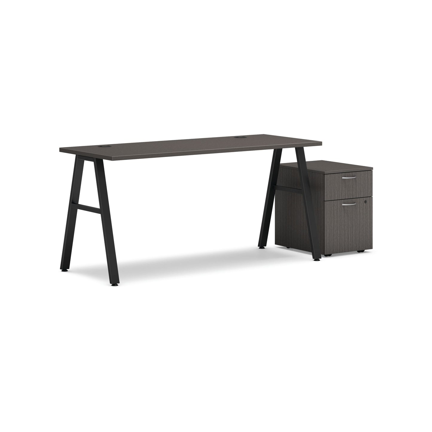 HON Mod Desk with Storage | 1 Box Drawer / 1 File Drawer | 60"W x 24"D | Black A-Leg Base | Slate Teak Laminate