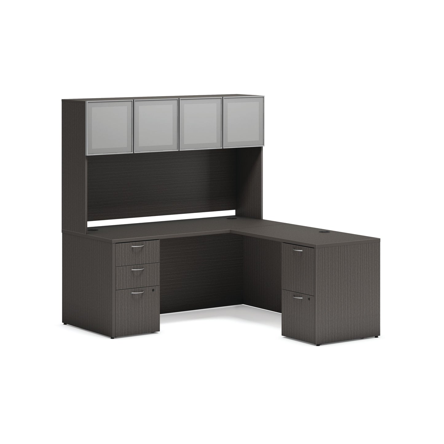 HON Mod L-Station with Storage Hutch | 66"W x 72"D | 2 Support Pedestals | Slate Teak Laminate