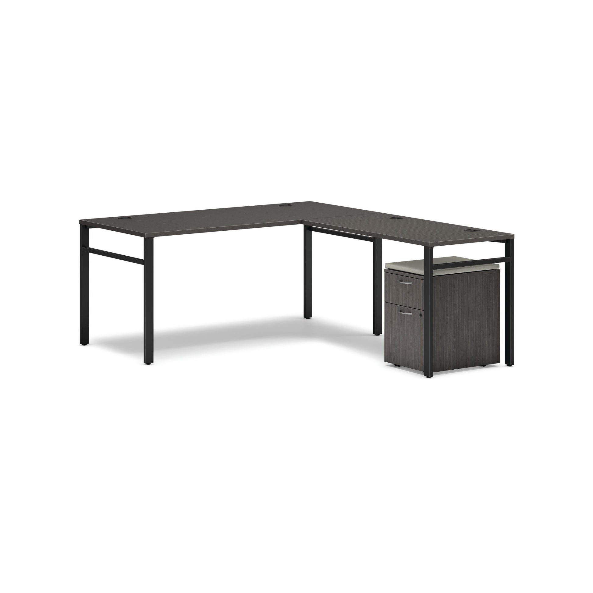 HON Mod L-Station | 66"W x 78"D | Black U-Legs | Mobile Pedestal with Cool Neutral Cushion | Slate Teak Laminate