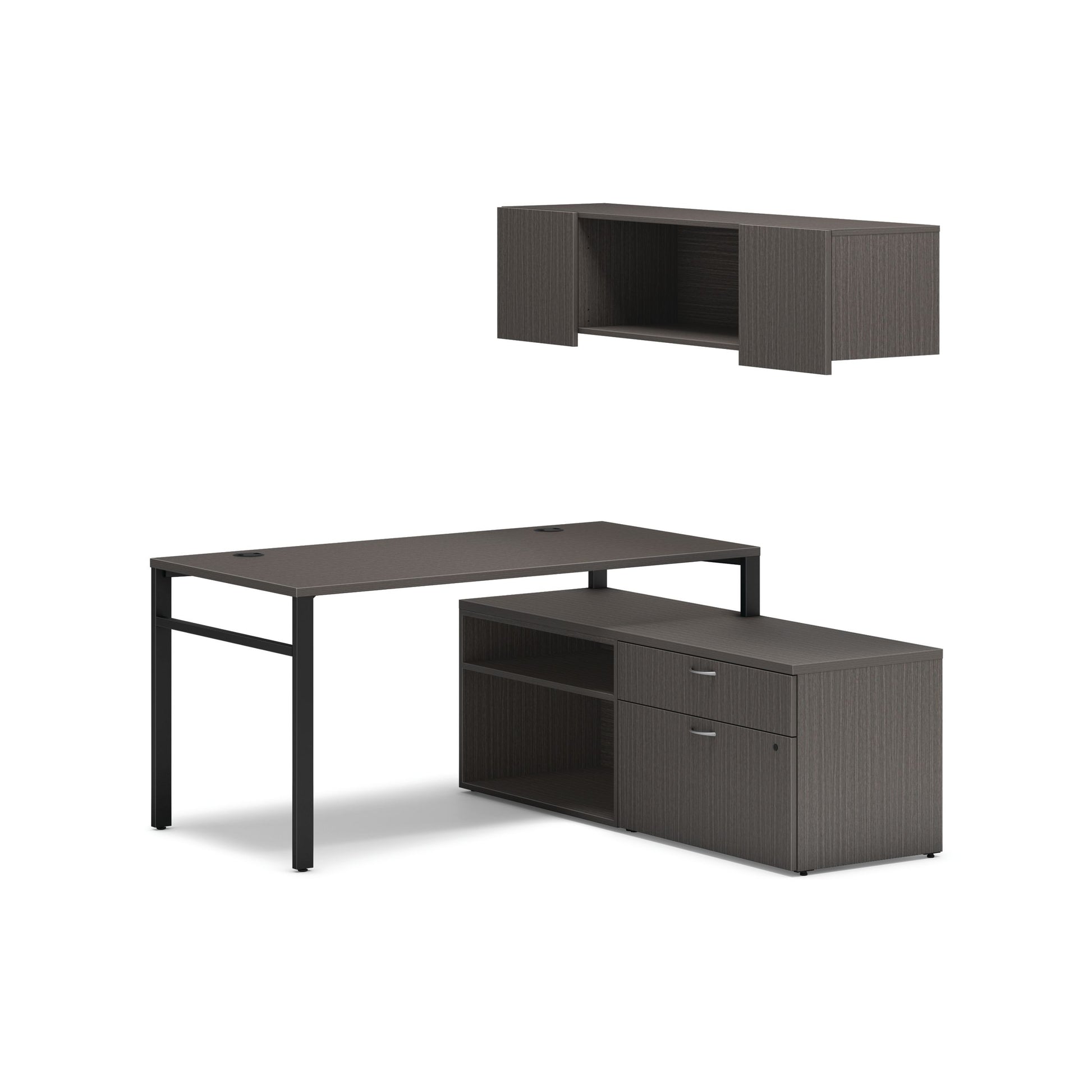 HON Mod Workstation with Wall Mount Storage | 60"W x 60"D | Black U-Legs | 2 Storage Credenzas | Slate Teak Laminate