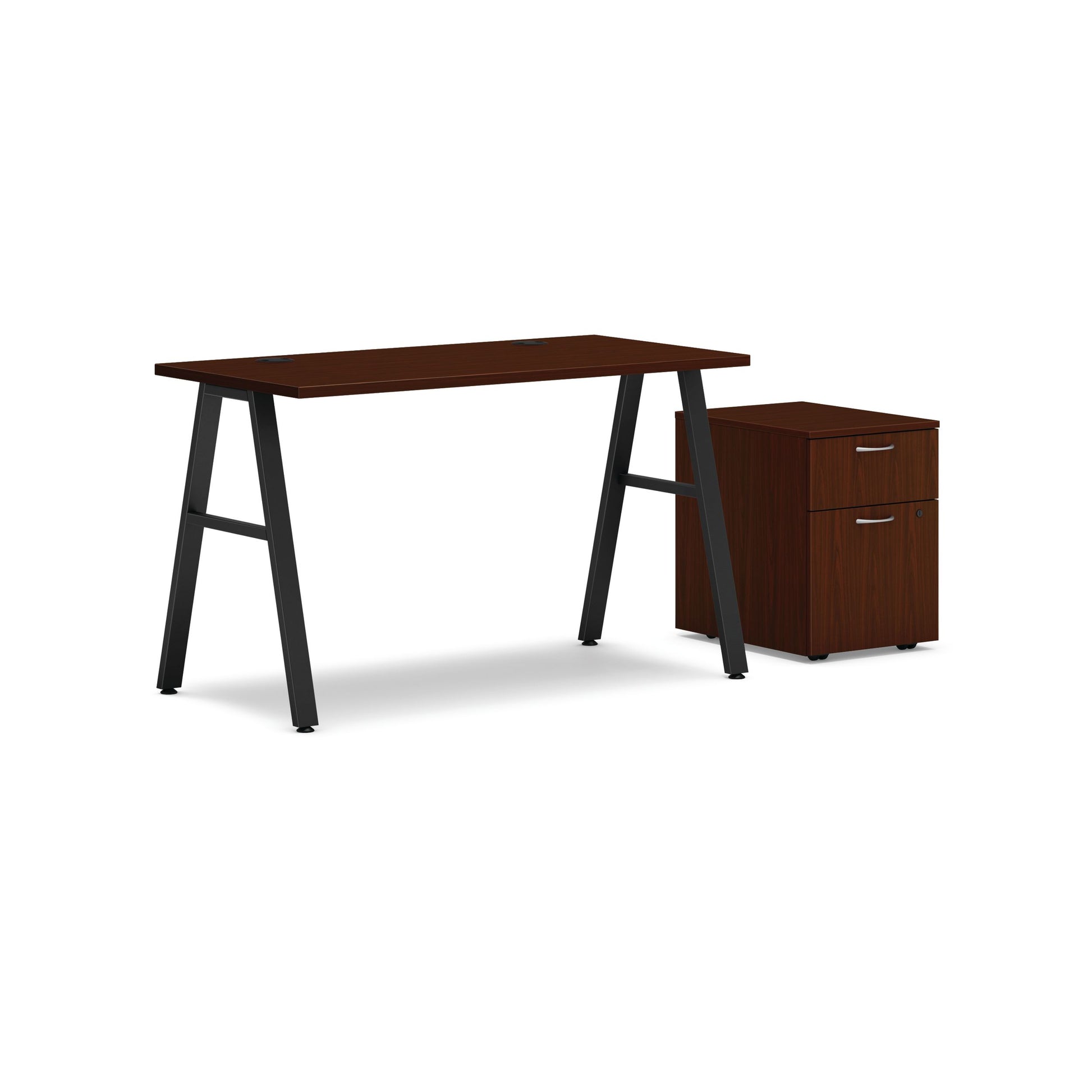 HON Mod Desk with Storage | 1 Box Drawer / 1 File Drawer | 48"W x 24"D | Black A-Leg Base | Traditional Mahogany Laminate