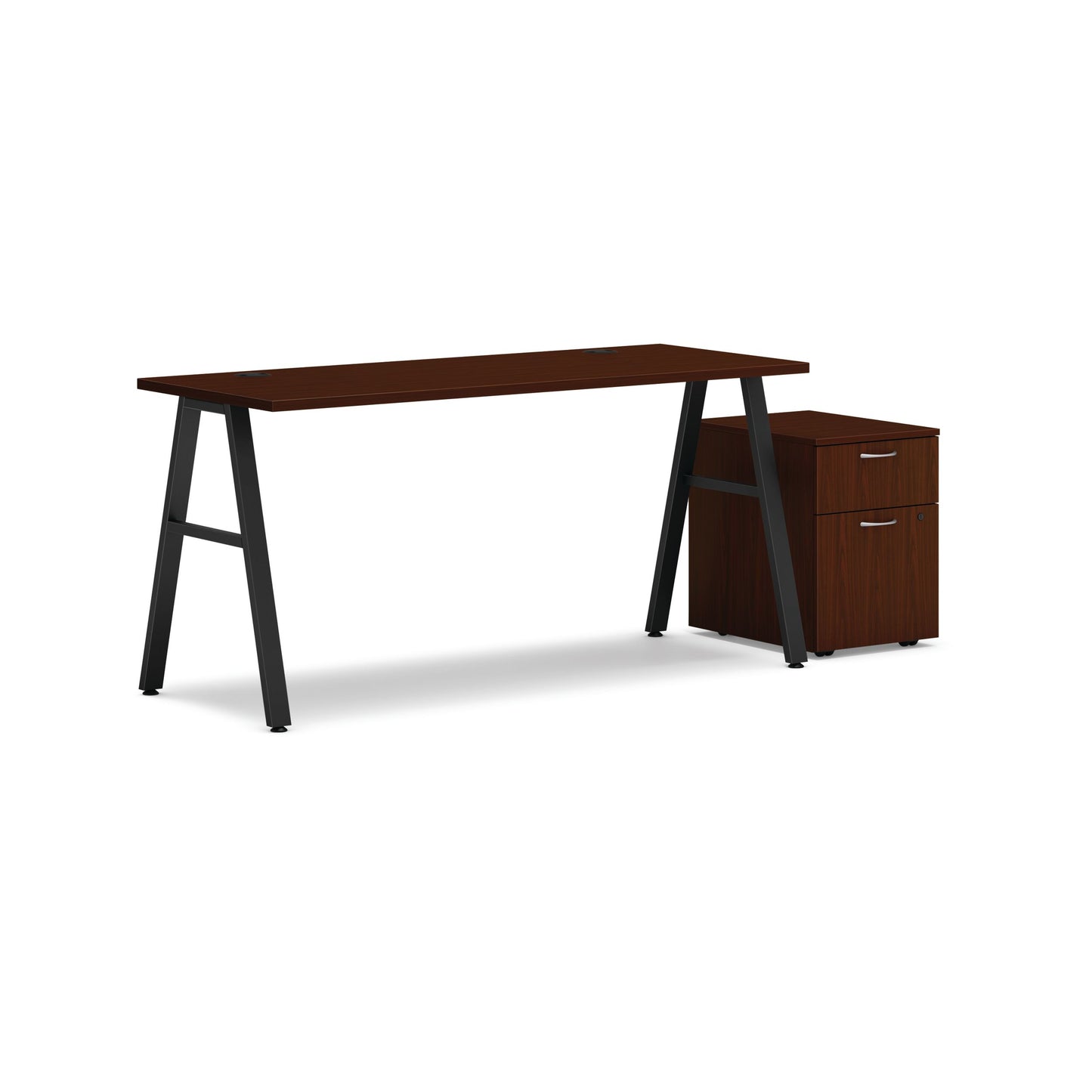HON Mod Desk with Storage | 1 Box Drawer / 1 File Drawer | 60"W x 24"D | Black A-Leg Base | Traditional Mahogany Laminate