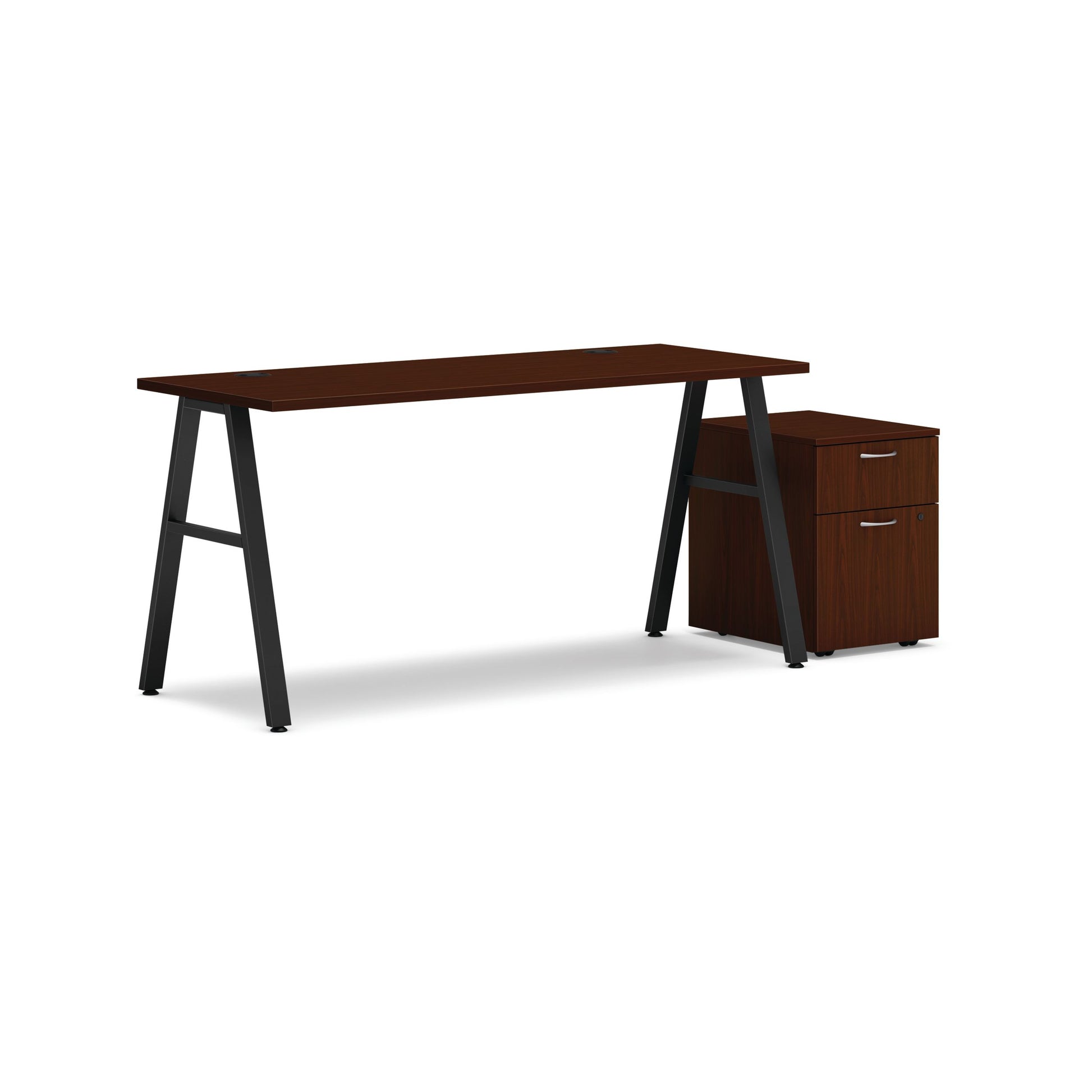 HON Mod Desk with Storage | 1 Box Drawer / 1 File Drawer | 60"W x 24"D | Black A-Leg Base | Traditional Mahogany Laminate