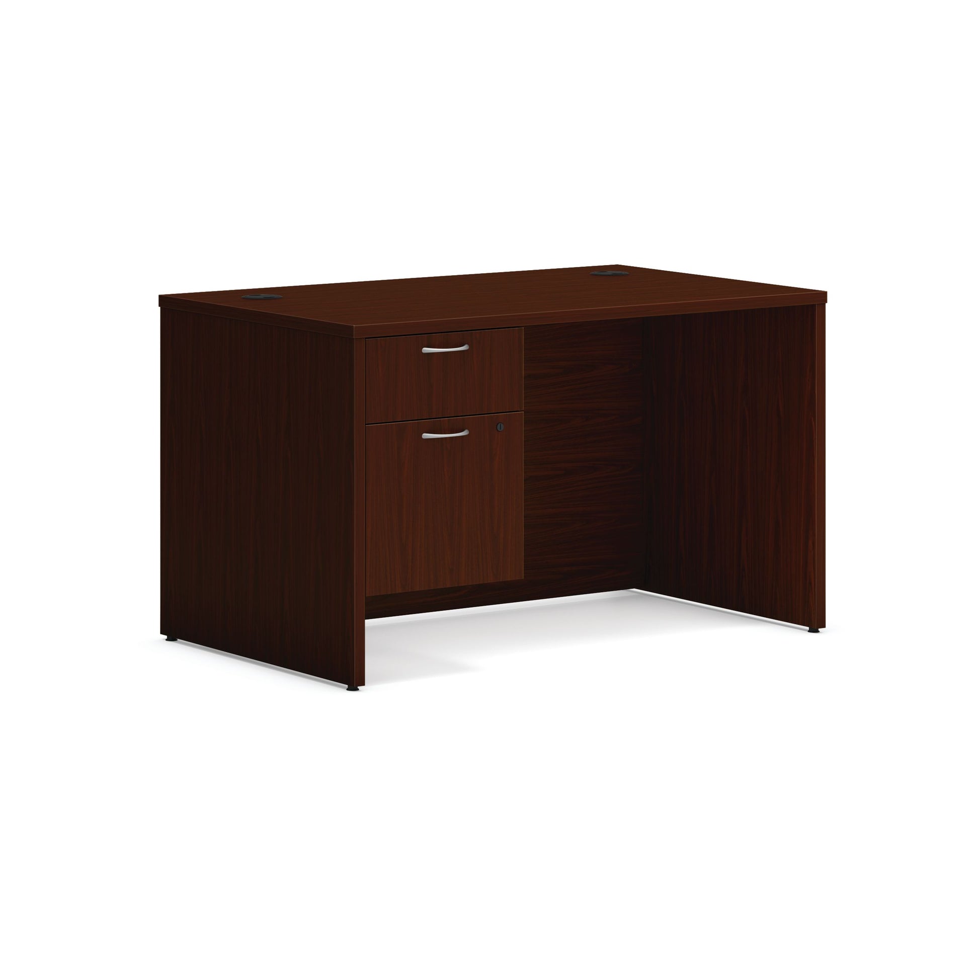 HON Mod Desk | 48"W x 30"D | Hanging Storage Pedestal | 1 Box / 1 File Drawer | Traditional Mahogany Laminate