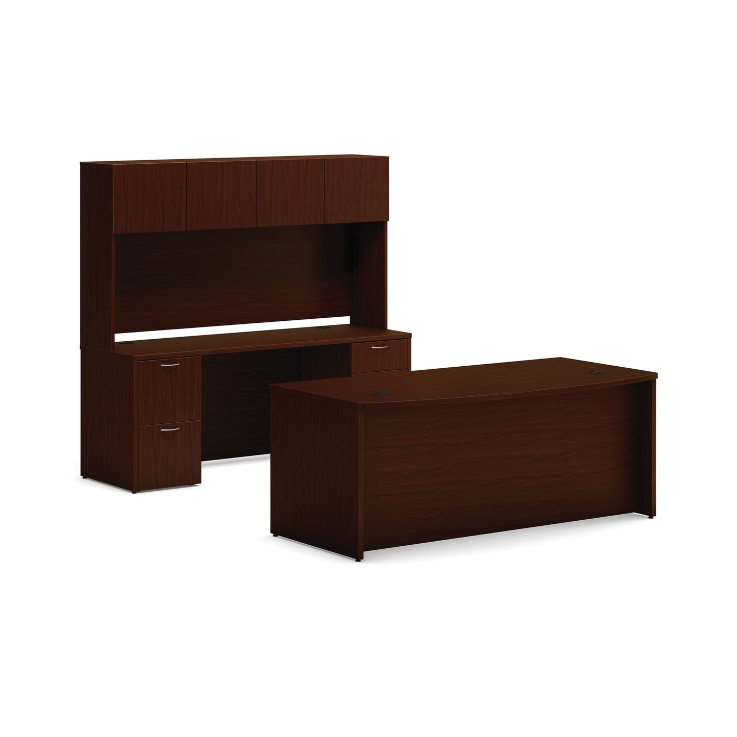 HON Mod Office Suite with Hutch | 72"W x 96"D | 2 Support Pedestals | 2 Box / 3 File Drawers | Traditional Mahogany Laminate
