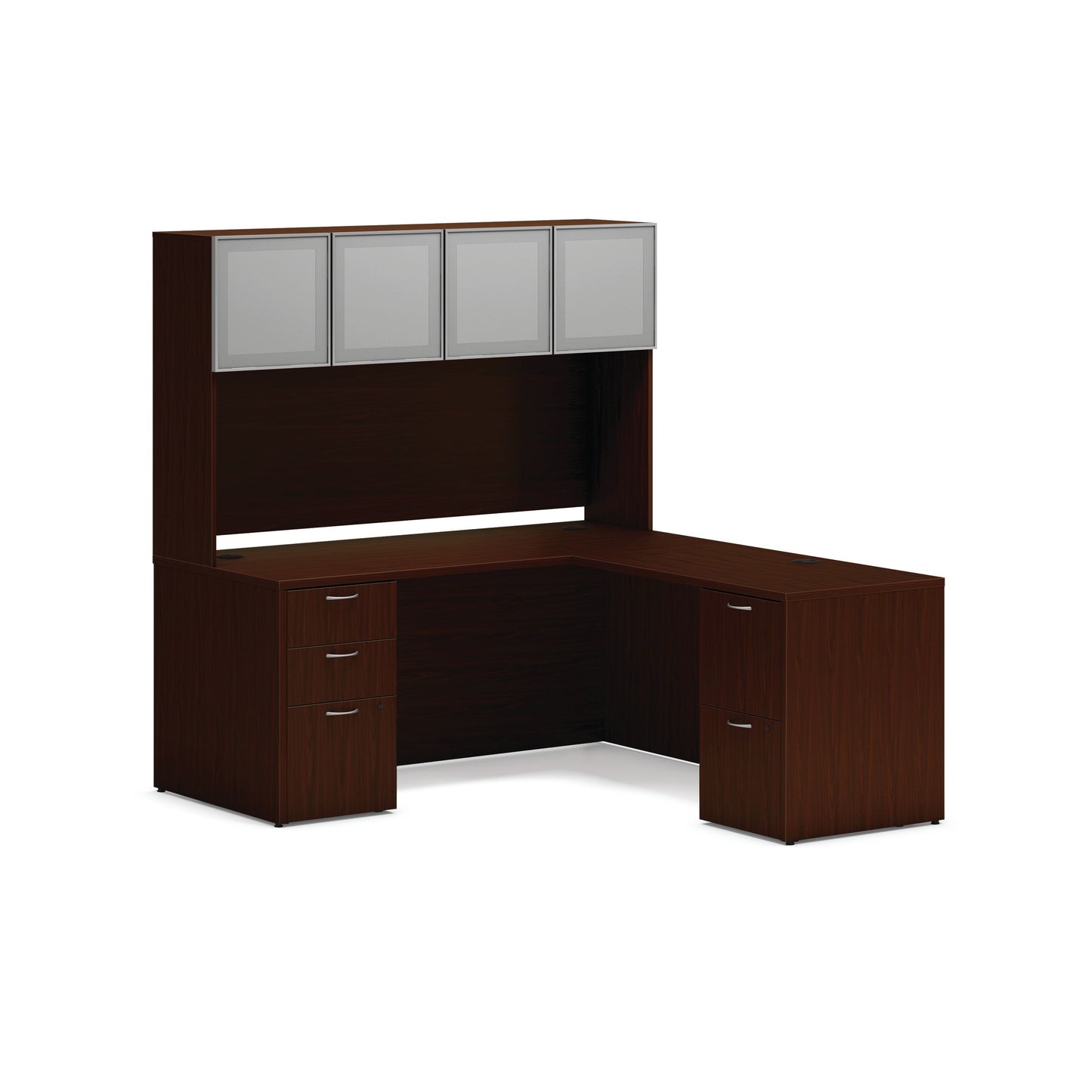 HON Mod L-Station with Storage Hutch | 66"W x 72"D | 2 Support Pedestals | Traditional Mahogany Laminate