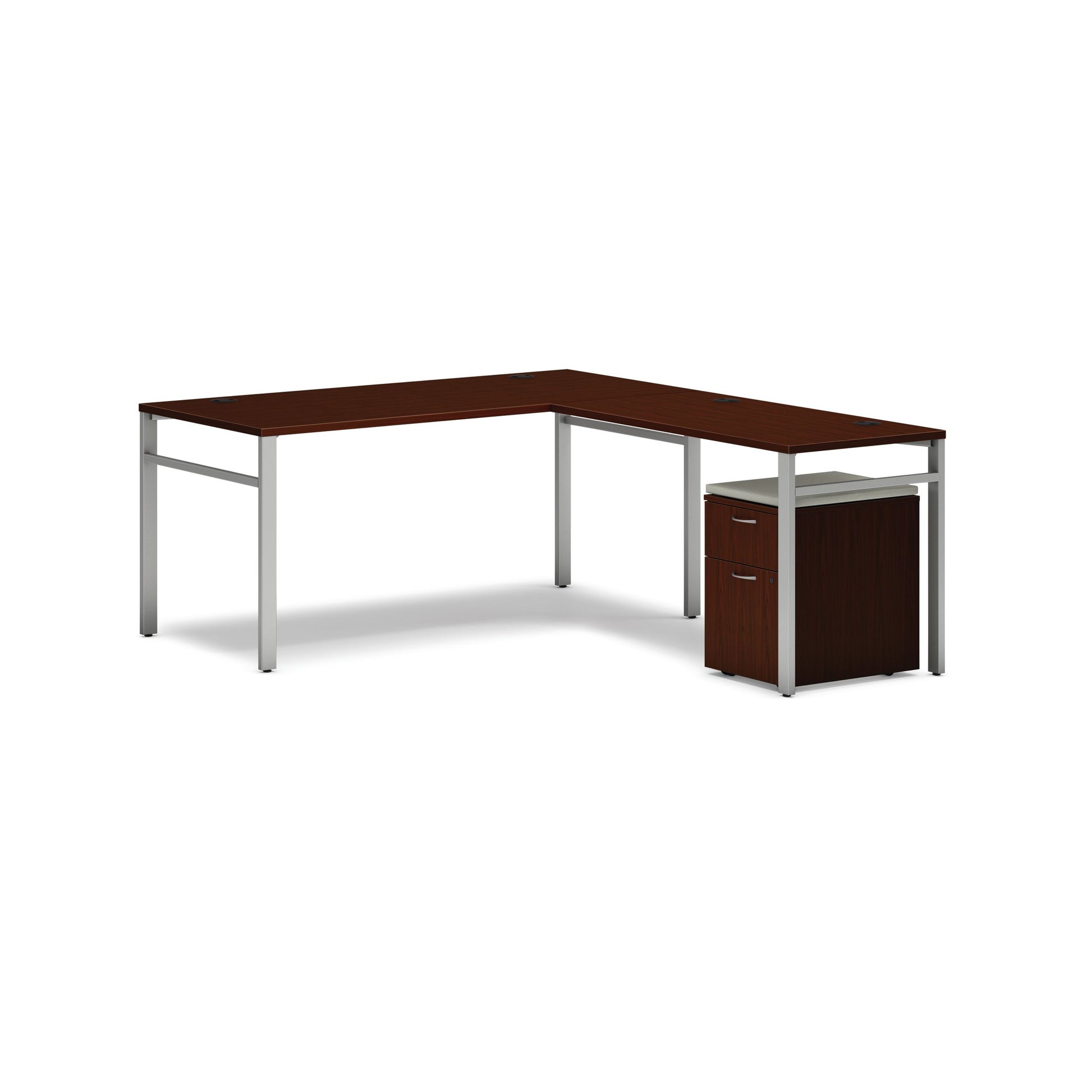 HON Mod L-Station | 66"W x 78"D | Silver U-Legs | Mobile Pedestal with Cool Neutral Cushion | Traditional Mahogany Laminate