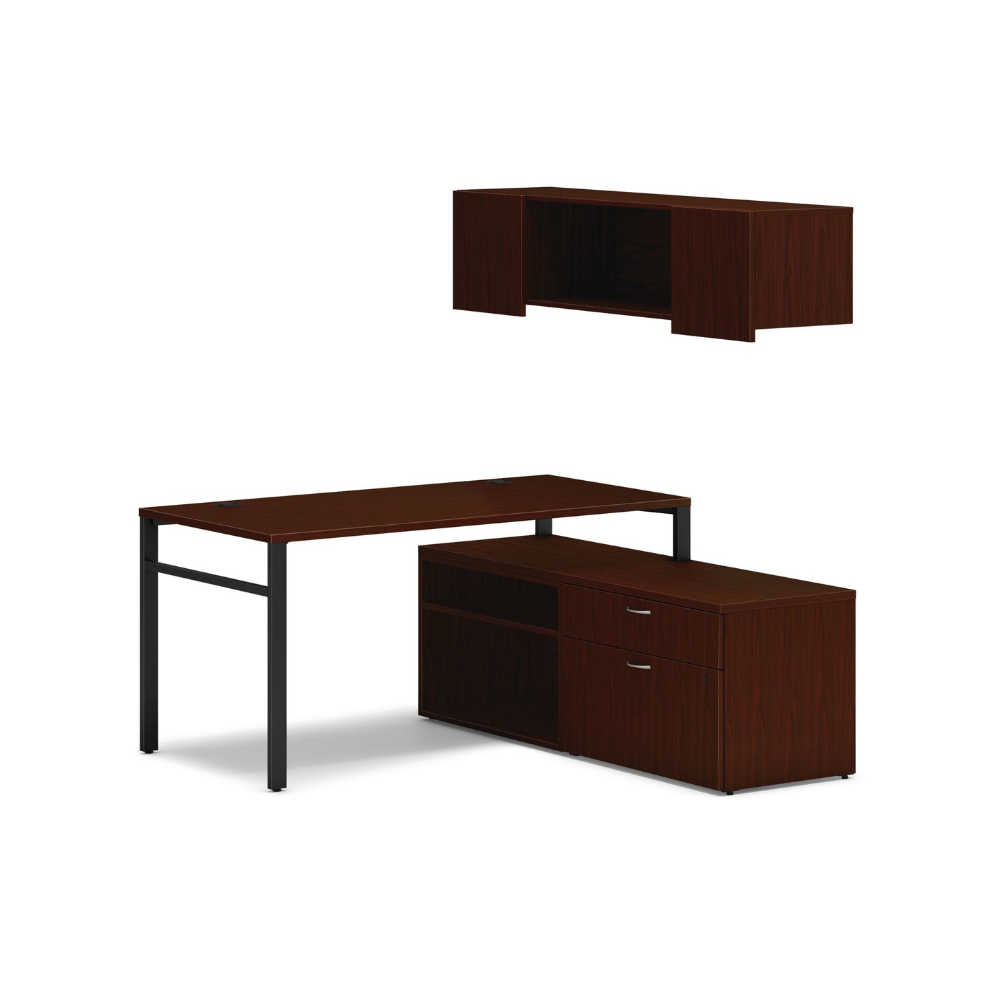 HON Mod Workstation with Wall Mount Storage | 60"W x 60"D | Black U-Legs | 2 Storage Credenzas | Traditional Mahogany Laminate