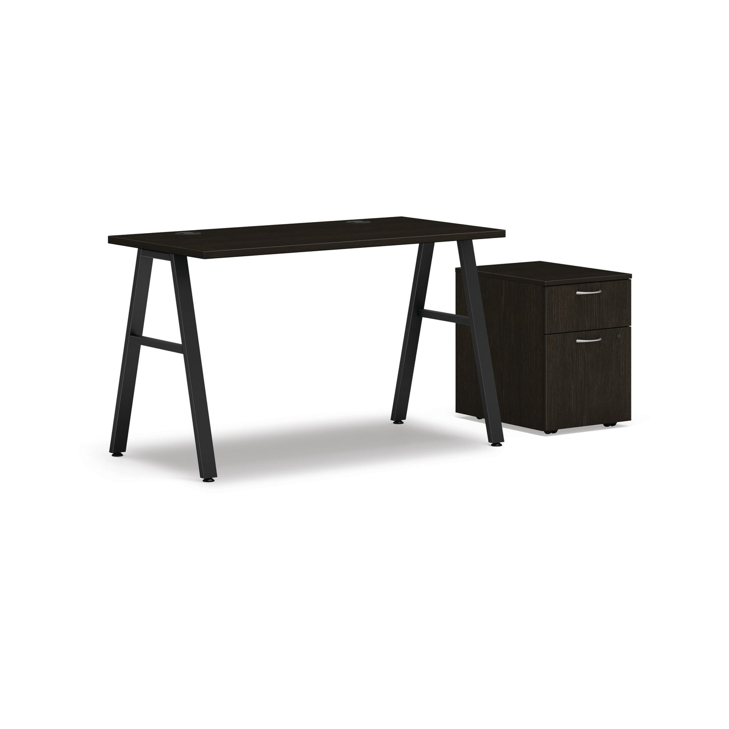 HON Mod Desk with Storage | 1 Box Drawer / 1 File Drawer | 48"W x 24"D | Black A-Leg Base | Java Oak Laminate