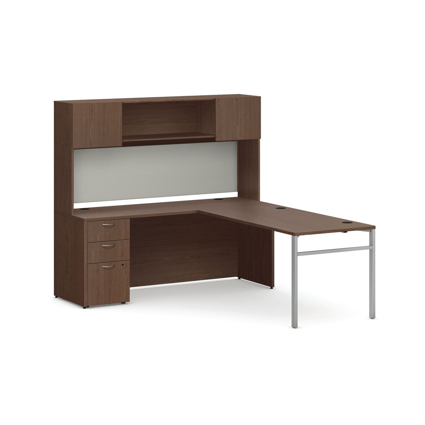 HON Mod Executive Workstation with Storage | Sepia Walnut Laminate | Cool Neutral Fabric | Silver U-Leg