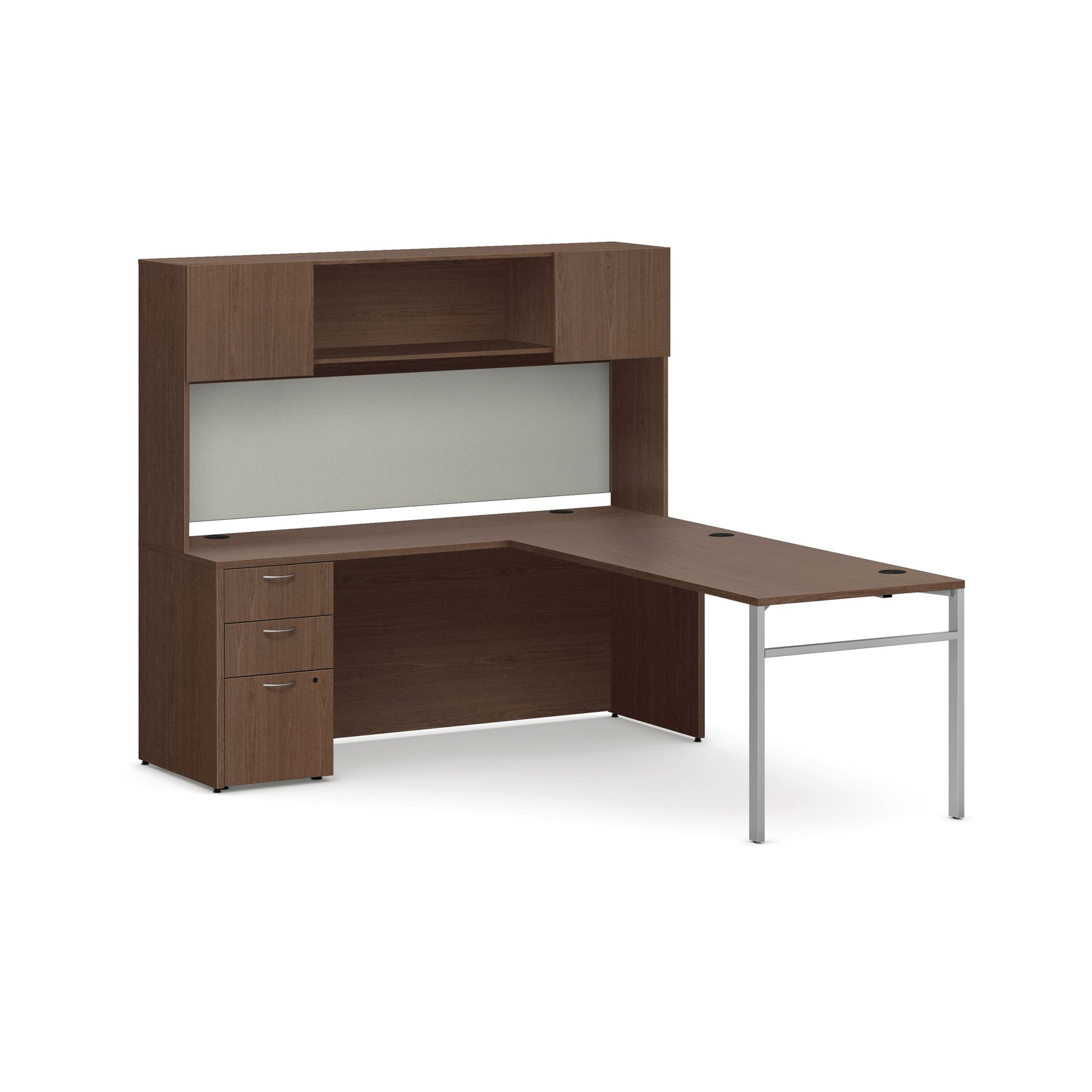 HON Mod Executive Workstation with Storage | Sepia Walnut Laminate | Cool Neutral Fabric | Silver U-Leg