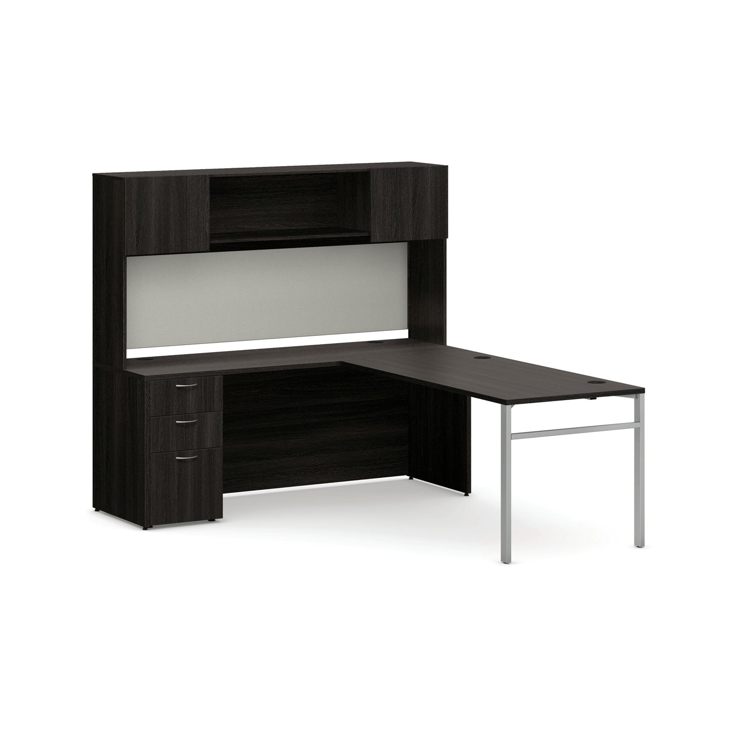 HON Mod Executive Workstation with Storage | Java Oak Laminate | Cool Neutral Fabric | U-Leg Base