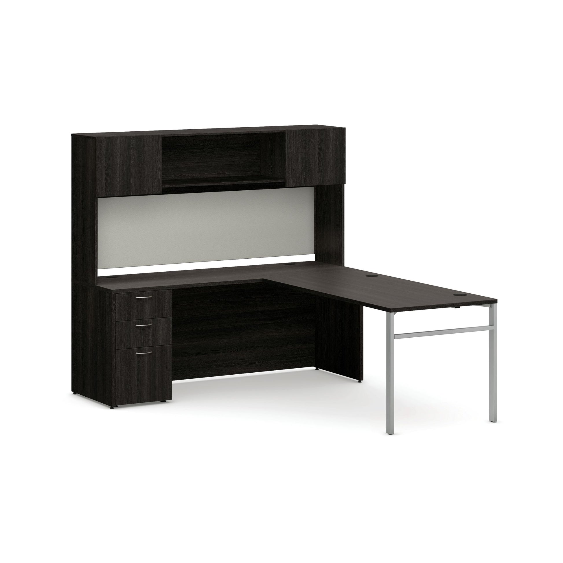 HON Mod Executive Workstation with Storage | Java Oak Laminate | Cool Neutral Fabric | U-Leg Base