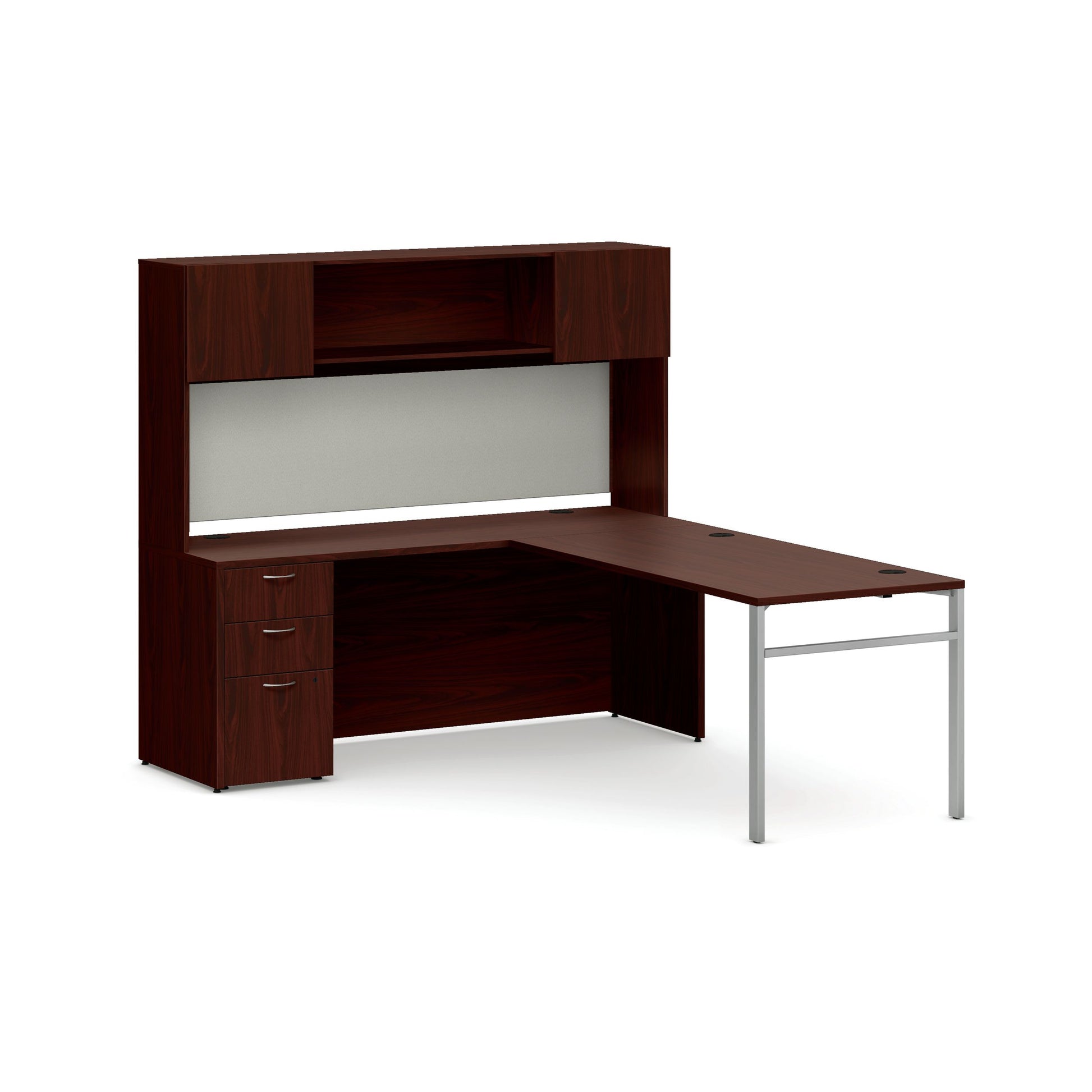 HON Mod Executive Workstation with Storage | Traditional Mahogany Laminate | Cool Neutral Fabric | Silver U-Leg