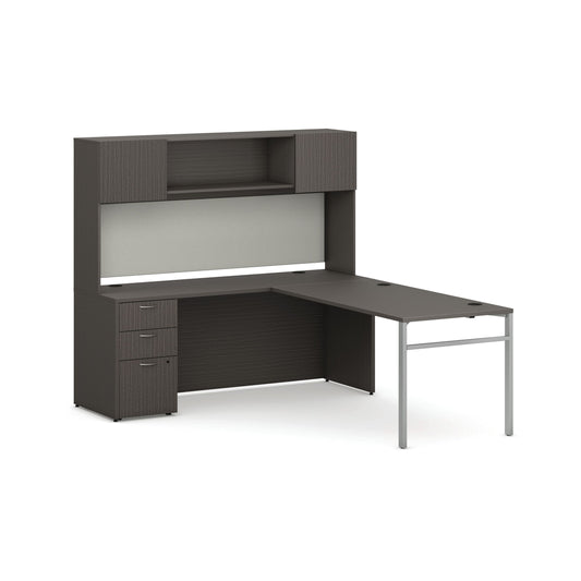 HON Mod Executive Workstation with Hutch | Pedestal | Slate Teak Laminate | Silver U-Leg