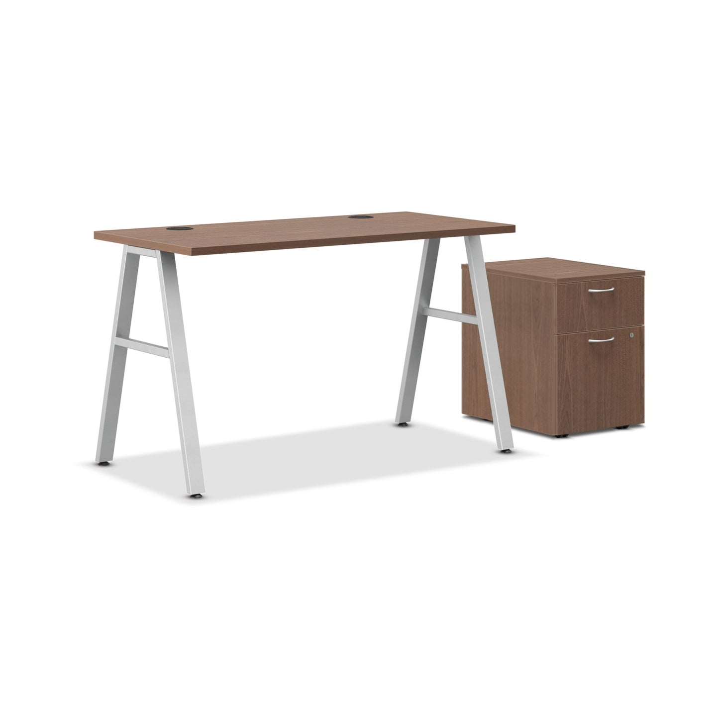 HON Mod Desk with Storage | 1 Box Drawer / 1 File Drawer | 48"W x 24"D | Silver A-Leg Base | Sepia Walnut Laminate