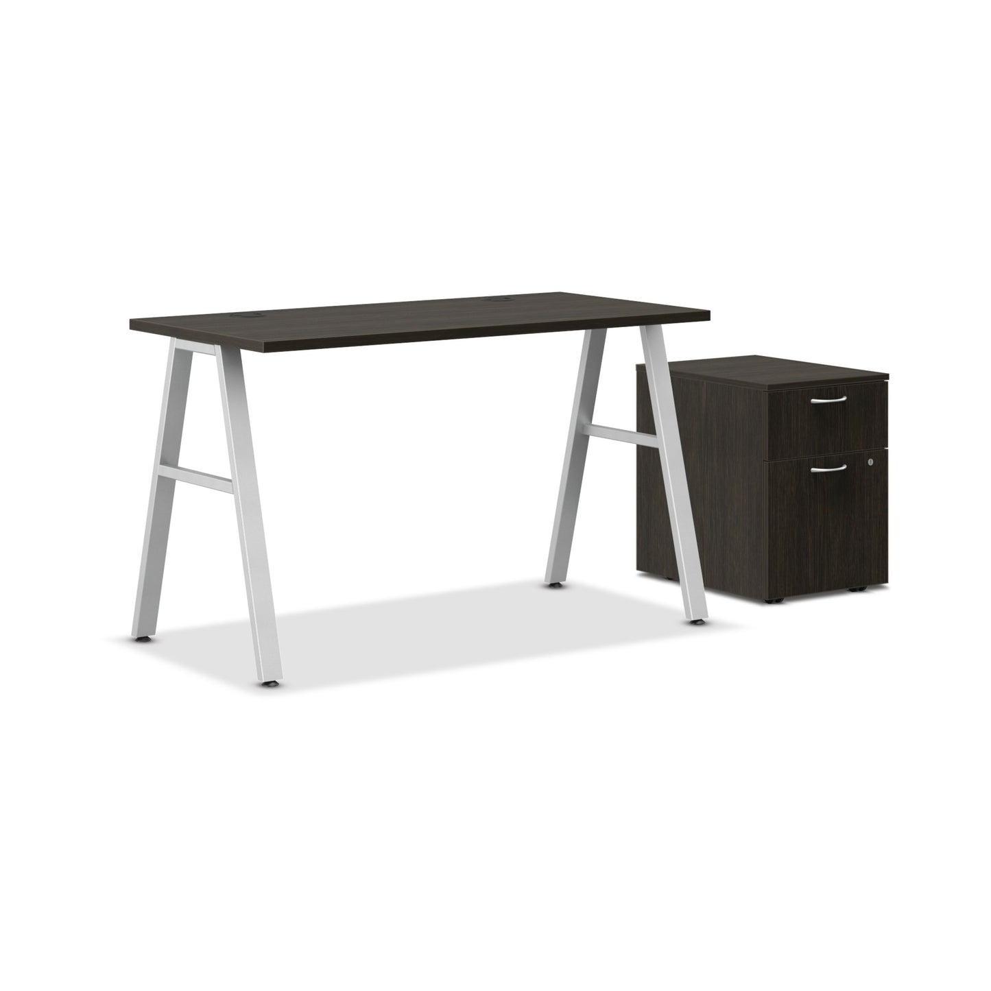 HON Mod Desk with Storage | 1 Box Drawer / 1 File Drawer | 48"W x 24"D | Silver A-Leg Base | Java Oak Laminate
