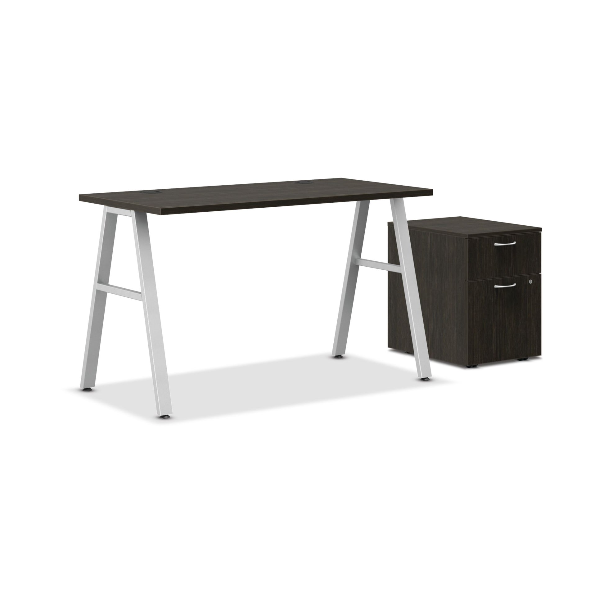 HON Mod Desk with Storage | 1 Box Drawer / 1 File Drawer | 48"W x 24"D | Silver A-Leg Base | Java Oak Laminate
