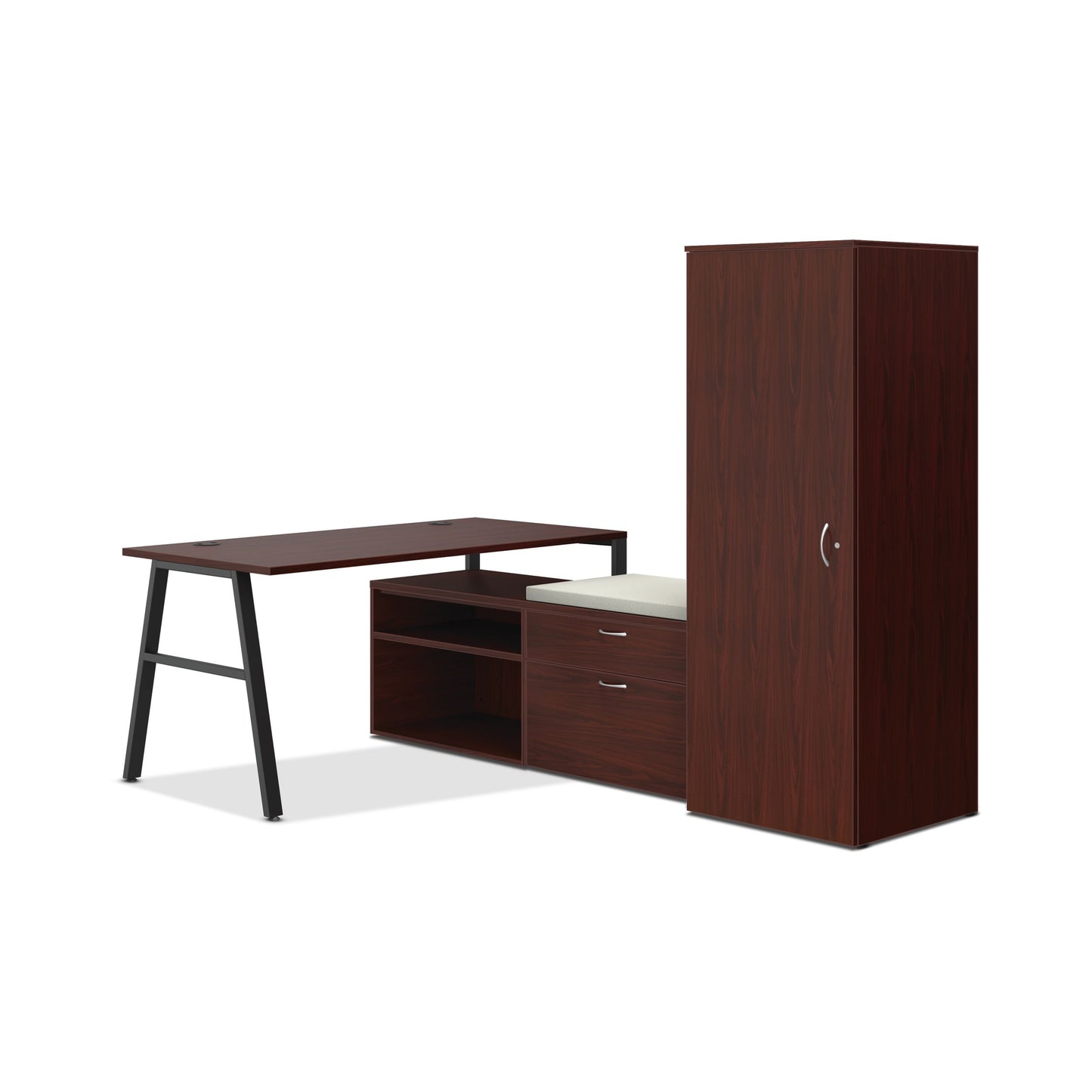HON Mod small office | 84"W x 60"D | 2 Storage Credenzas | Wardrobe | Black A-Legs | Cool Neutral Credenza Cushion | Traditional Mahogany Laminate