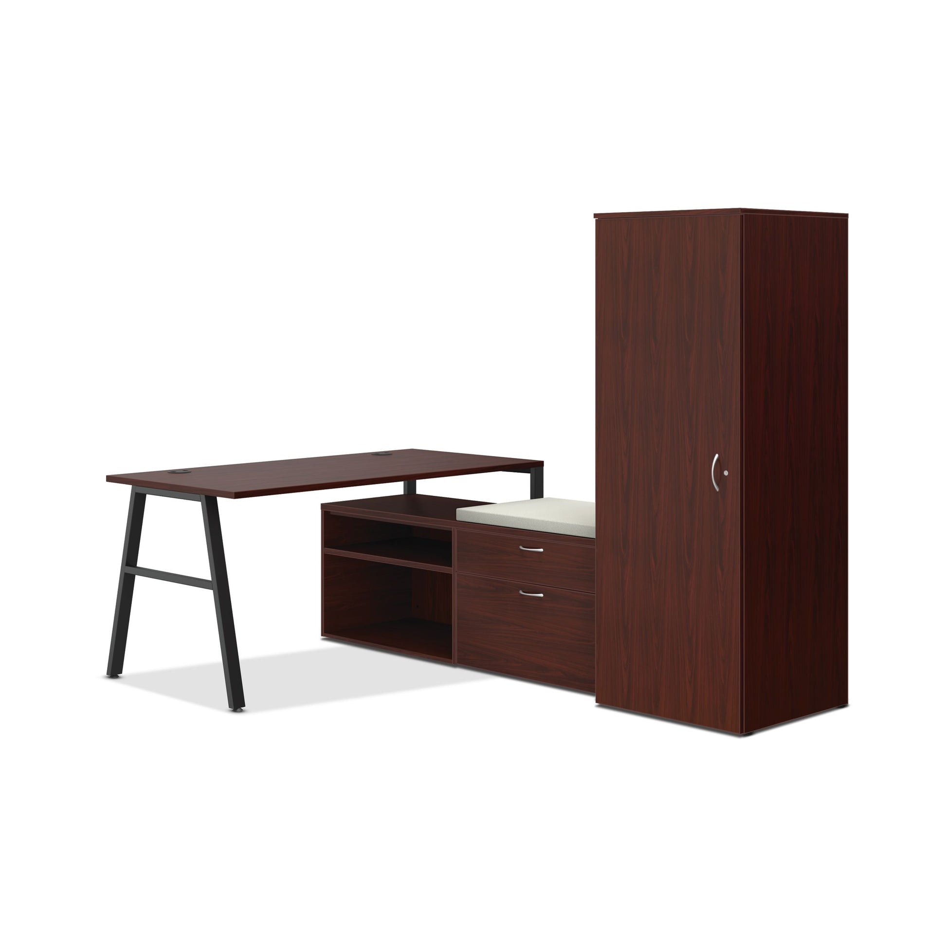 HON Mod small office | 84"W x 60"D | 2 Storage Credenzas | Wardrobe | Black A-Legs | Cool Neutral Credenza Cushion | Traditional Mahogany Laminate