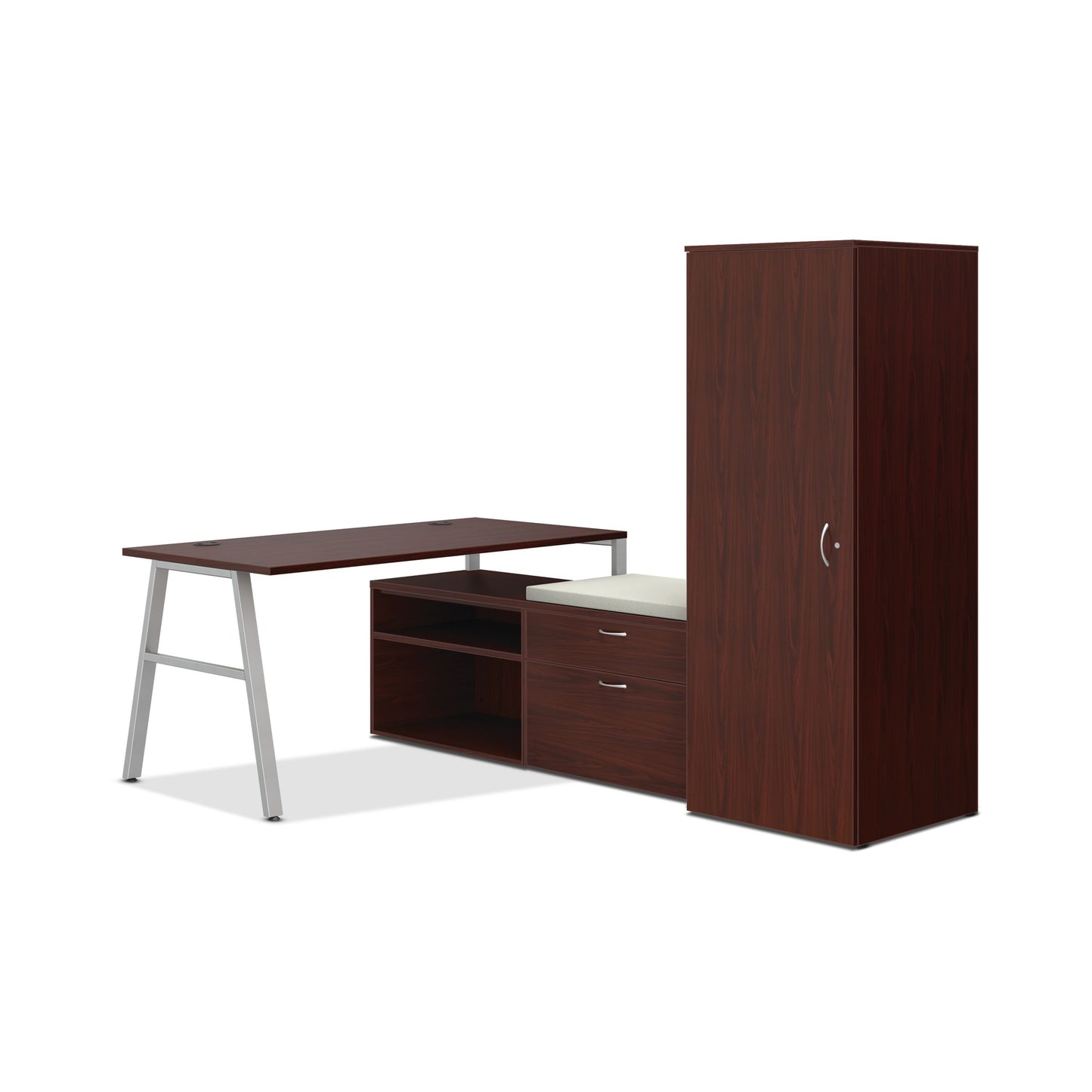 HON Mod small office | 84"W x 60"D | 2 Storage Credenzas | Wardrobe | Silver A-Legs | Cool Neutral Credenza Cushion | Traditional Mahogany Laminate